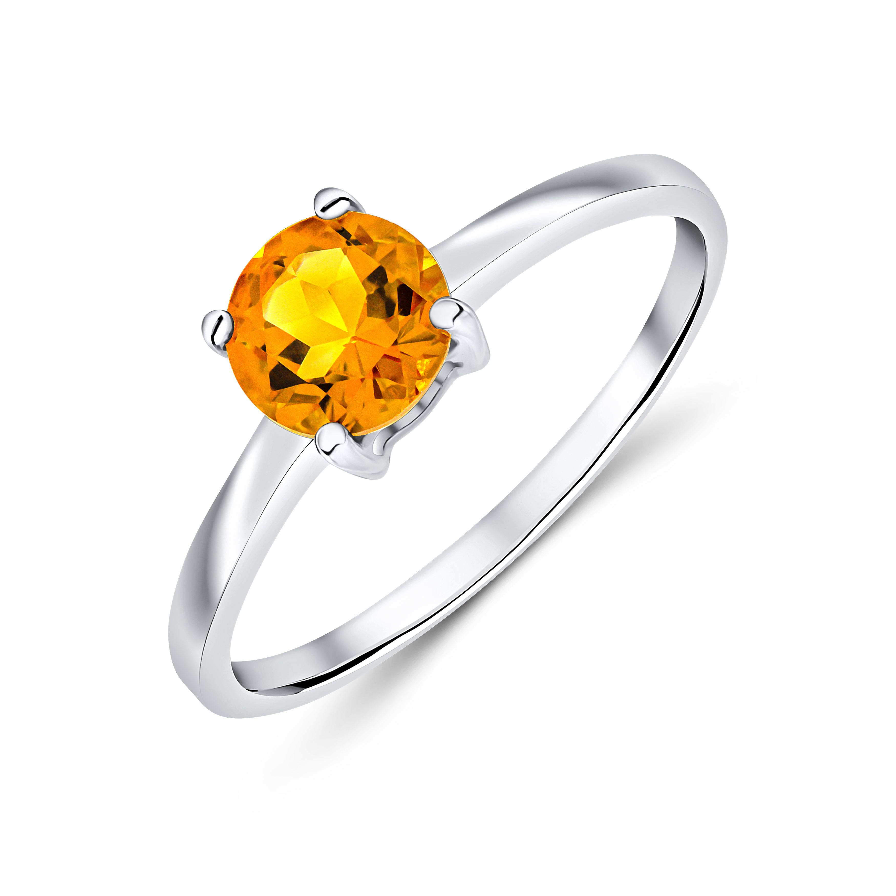 9ct White Gold 6mm Round Citrine 4 Claw Single Stone Ring
