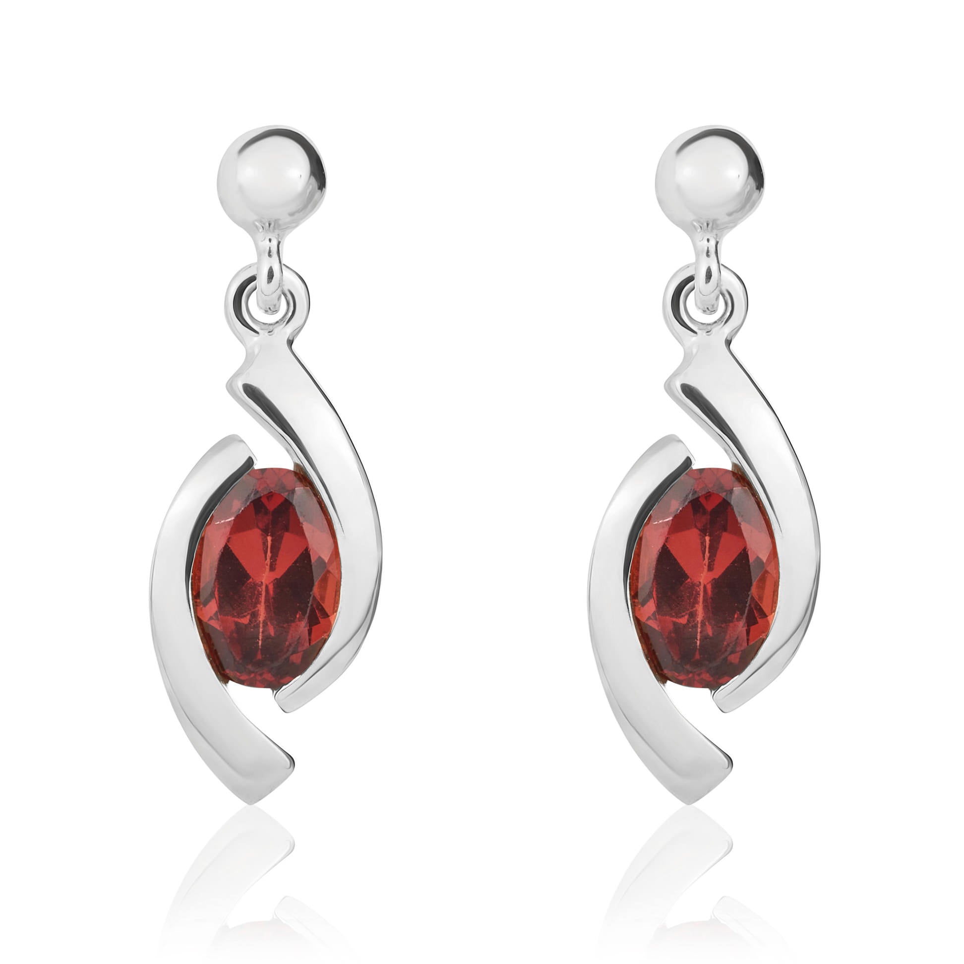 9ct White Gold Oval Garnet 'eye' Drop Earrings with 3mm Bead Top
