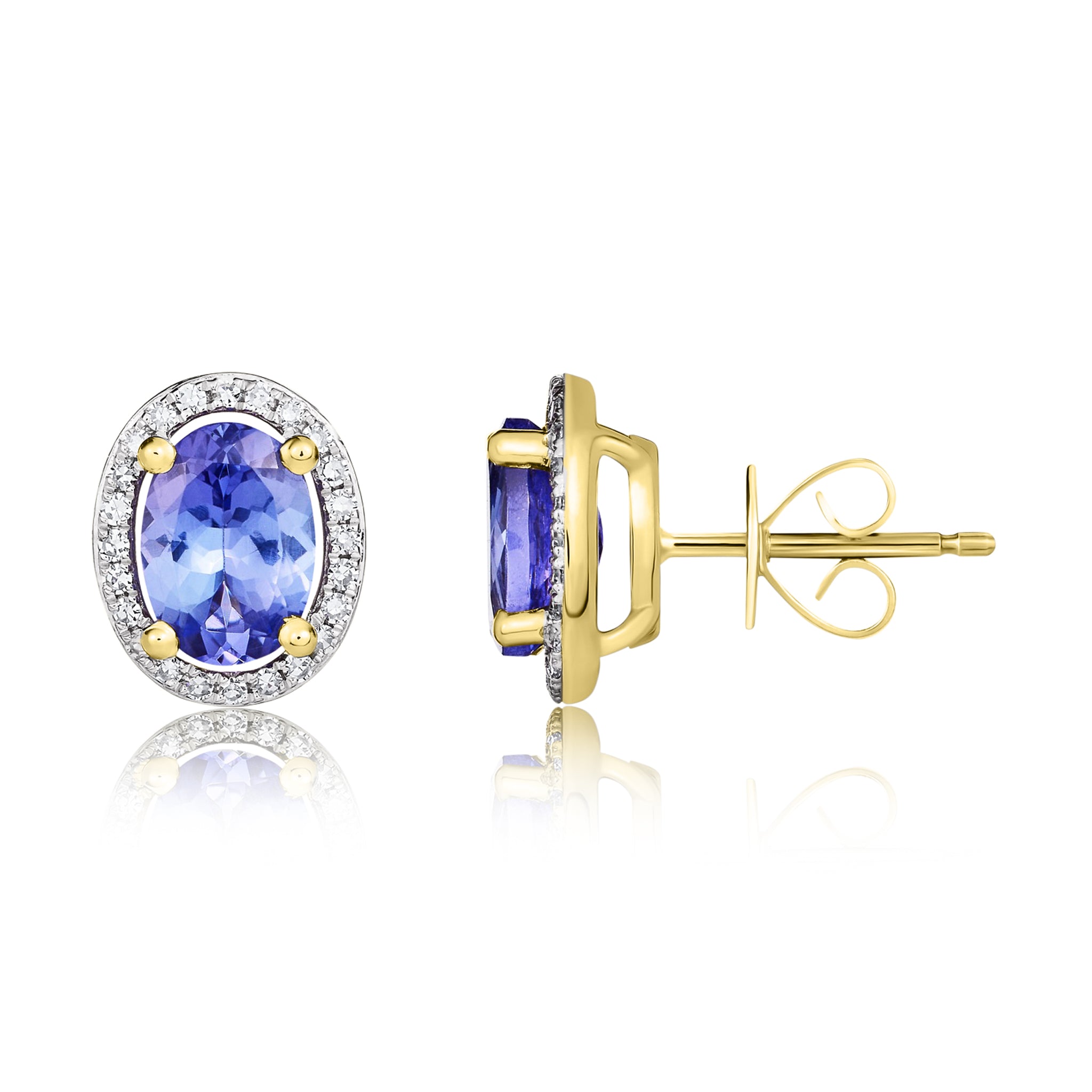 9ct Yellow Gold 7x5 Oval Tanzanite and Round Diamond Claw Set Halo Cluster Earrings Rhodium to Diamonds