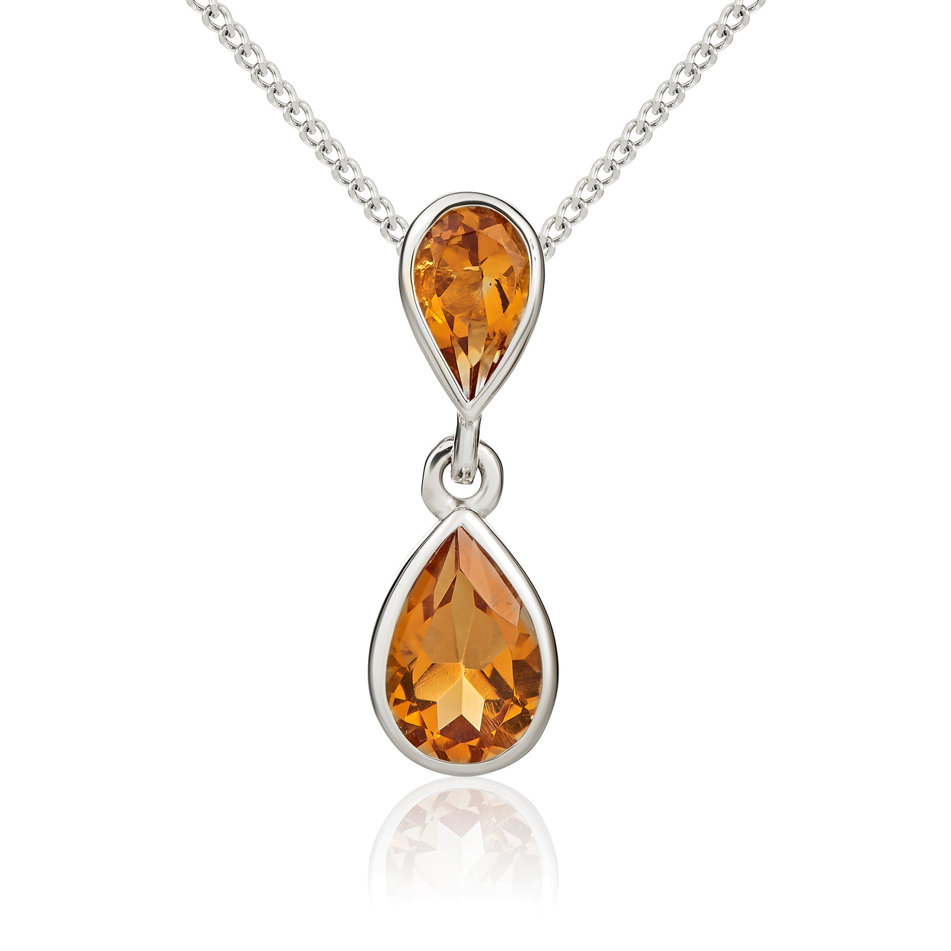 9ct White Gold Pear Shaped Citrine Rubover Double Drop Pendant