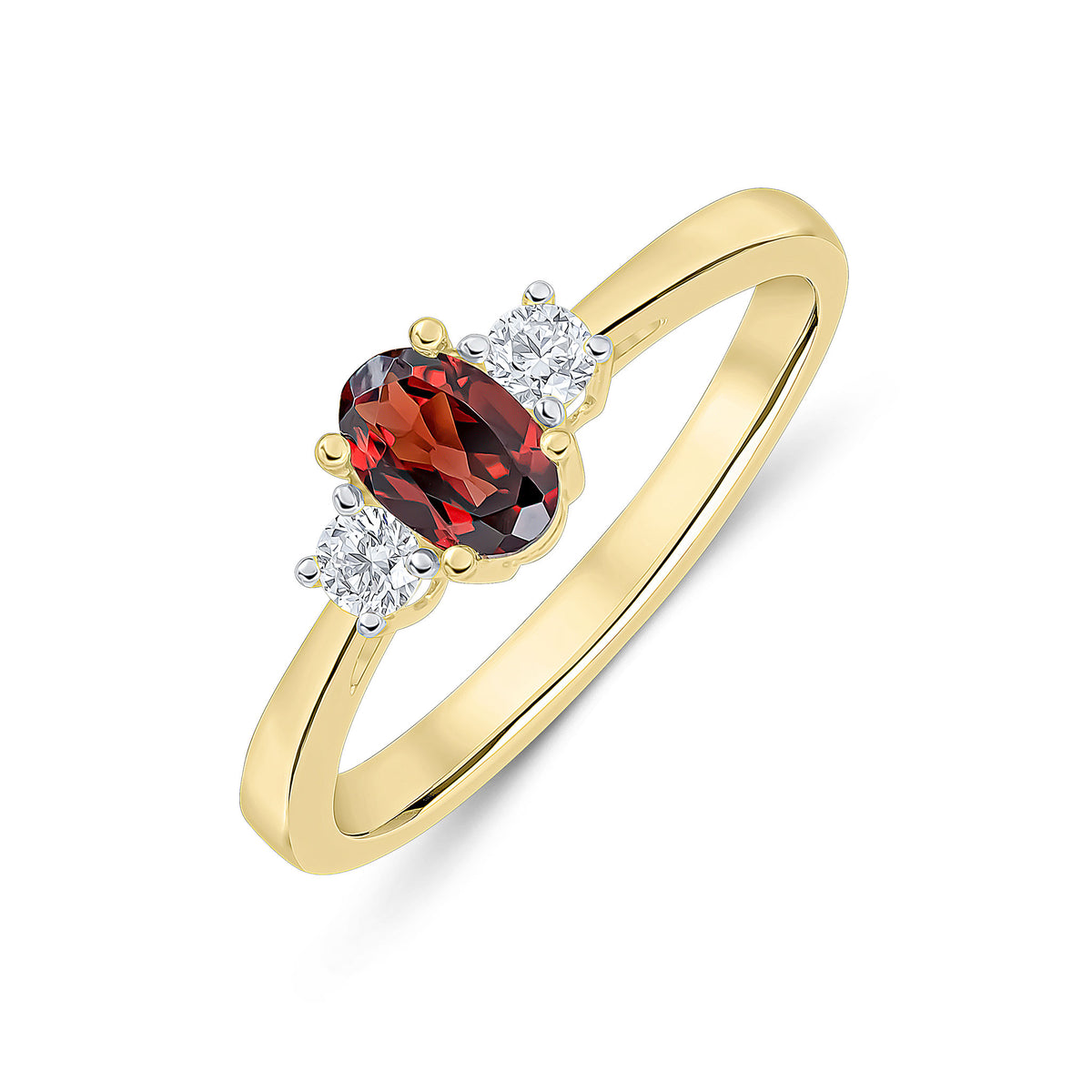 9ct Yellow Gold 6x4 Oval Garnet and Round Diamond Claw Set 3 Stone Ring Rhodium to Diamonds