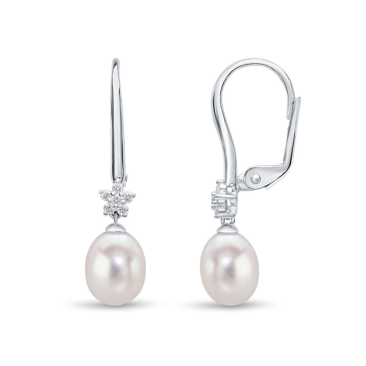 18ct White Gold Cfw Pearl & Diamond Claw Set Cluster Top Drop Earrings