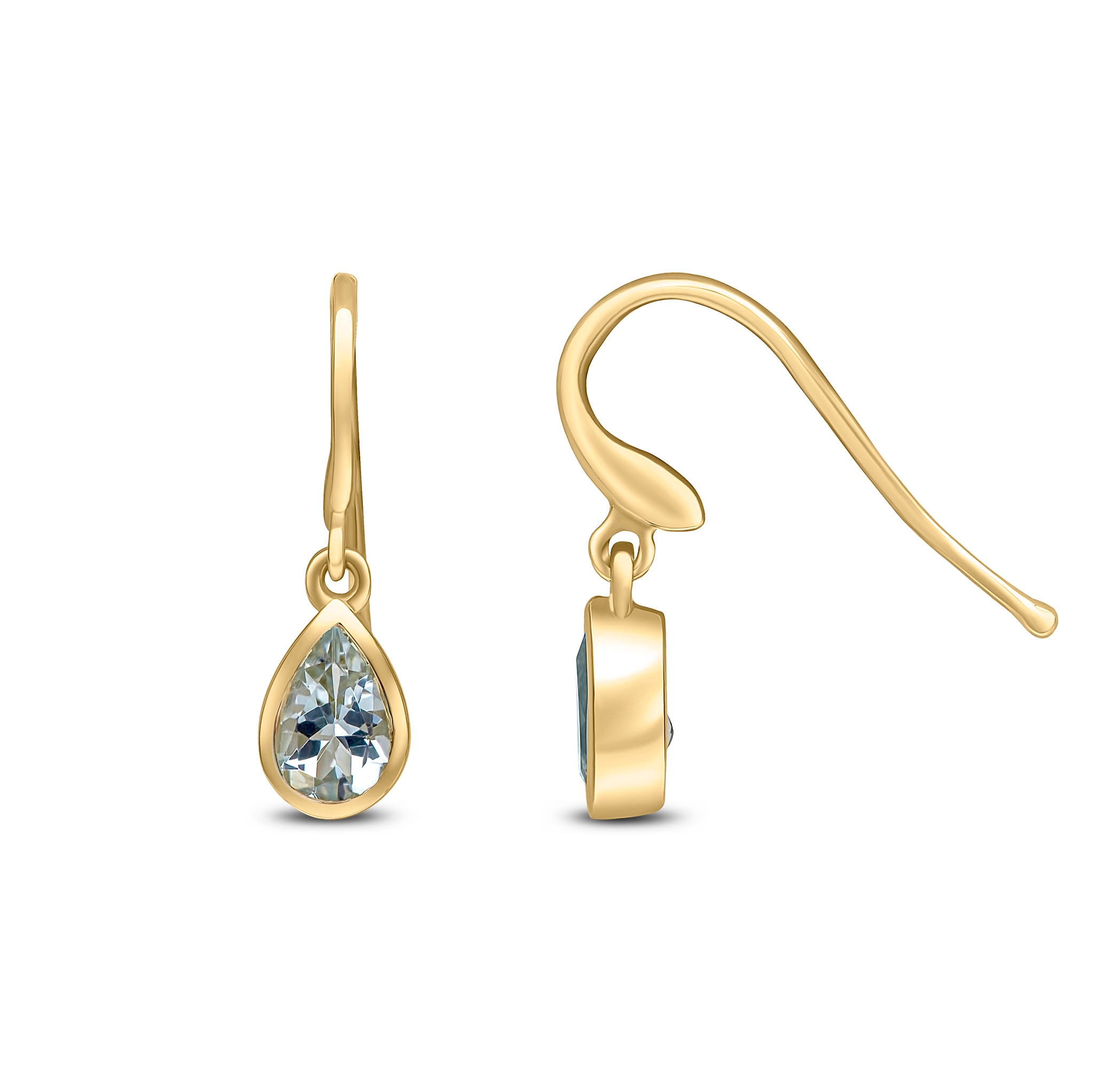 9ct Yellow Gold 6x4 Pear Shape Aquamarine Rubover Drop Earrings Hook Wire Fitting