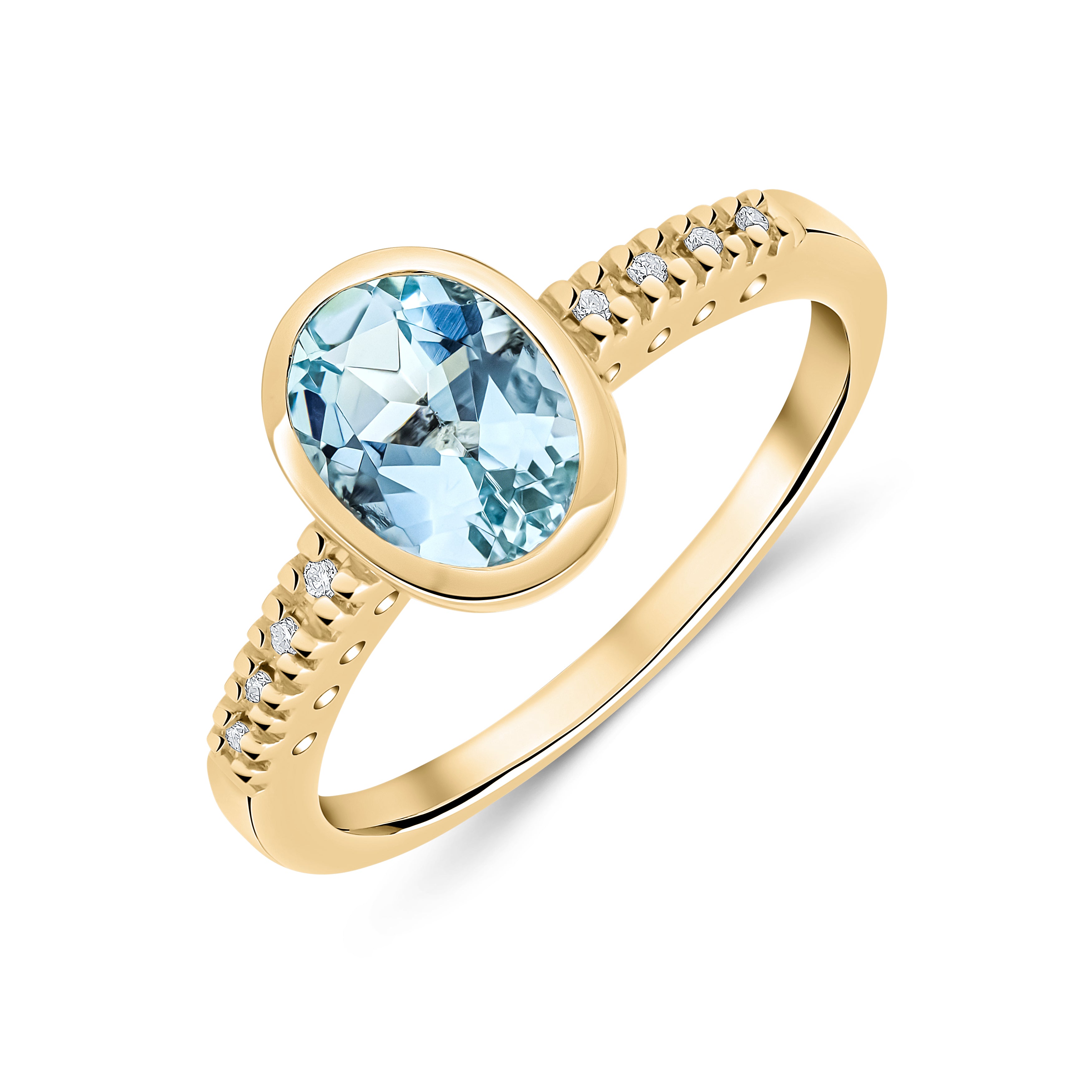 9ct Yellow Gold Rubover 8x6 Oval Aquamarine Single Stone Ring with Claw Set Diamond Shoulders Rhodium to Diamonds