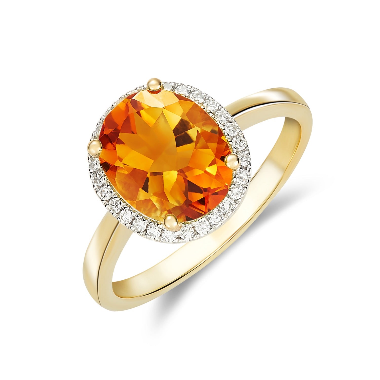 9ct Yellow Gold 10x8 Oval Citrine and Diamond Claw Set Cluster Ring Rhodium to Diamonds