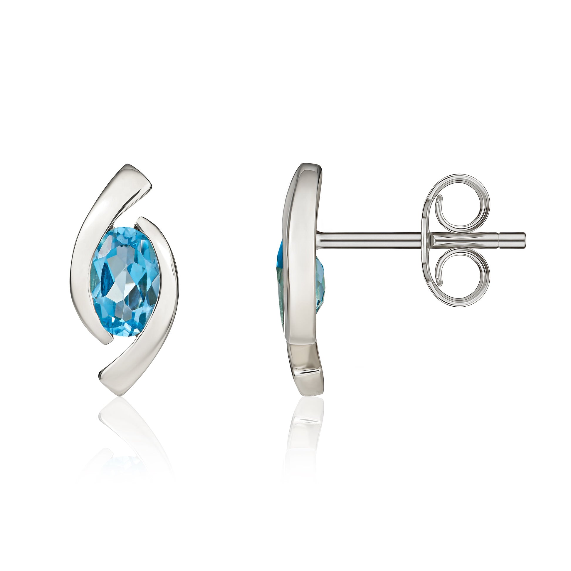9ct White Gold 6x4 Oval Swiss Blue Topaz 'eye' Stud Earrings