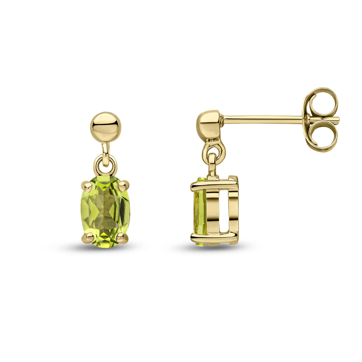 9ct Yellow Gold 6x4 Oval Peridot Claw Set Drop Earrings with Bead Top