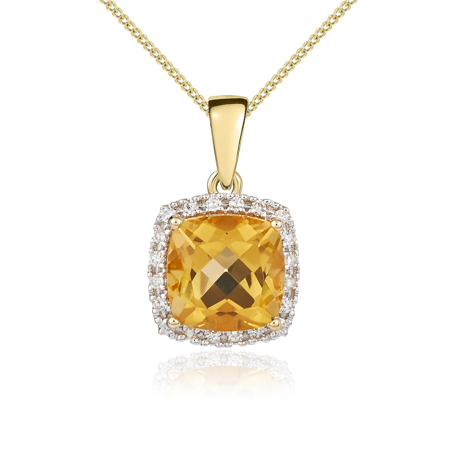 9ct Yellow Gold 8mm Cushion Citrine and Round Diamond Claw Cluster Pendant Rhodium to Diamonds