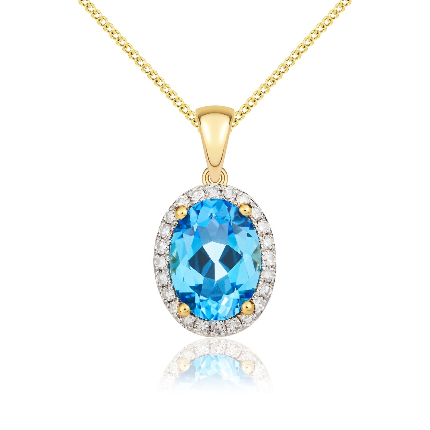 9ct Yellow Gold 8x6 Oval Swiss Topaz & Diamond Claw Set Cluster Pendant Rhodium to Diamonds