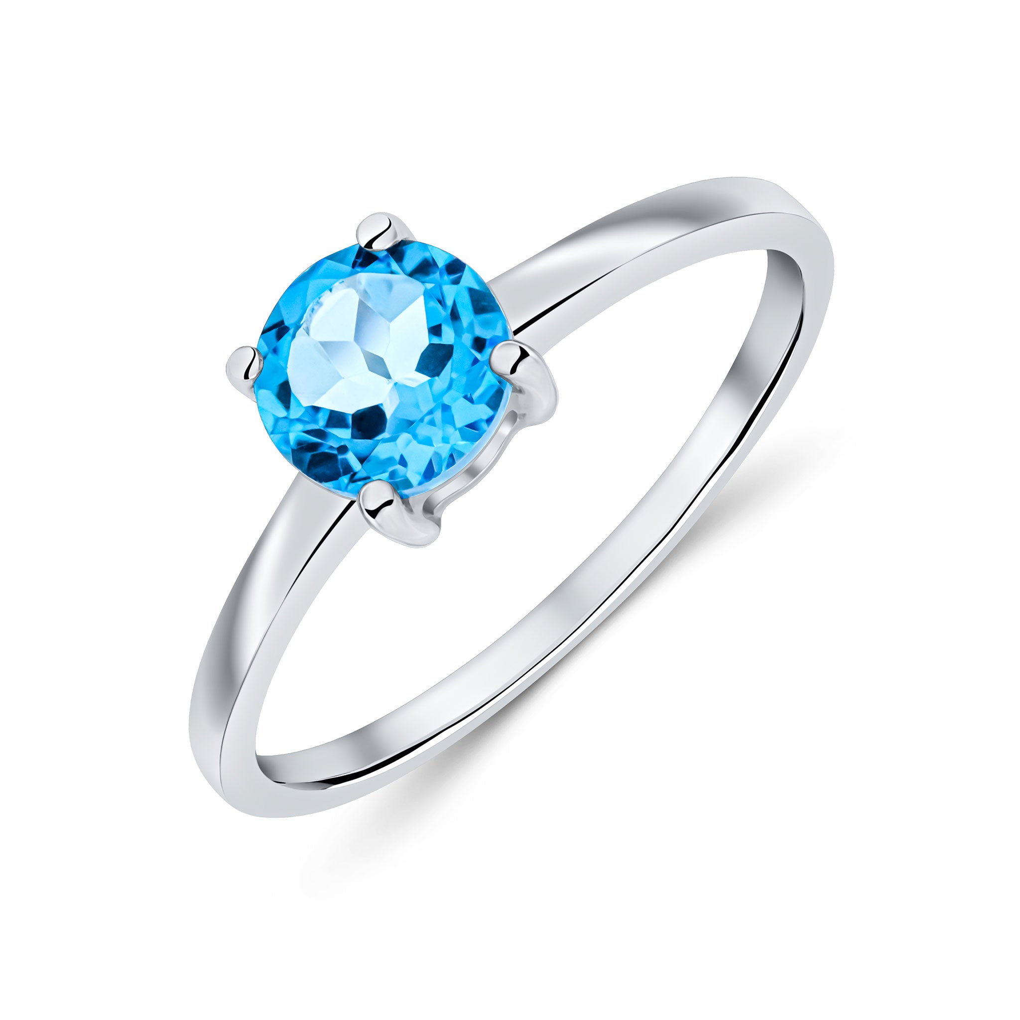 9ct White Gold 6mm Round Swiss Blue Topaz 4 Claw Single Stone Ring