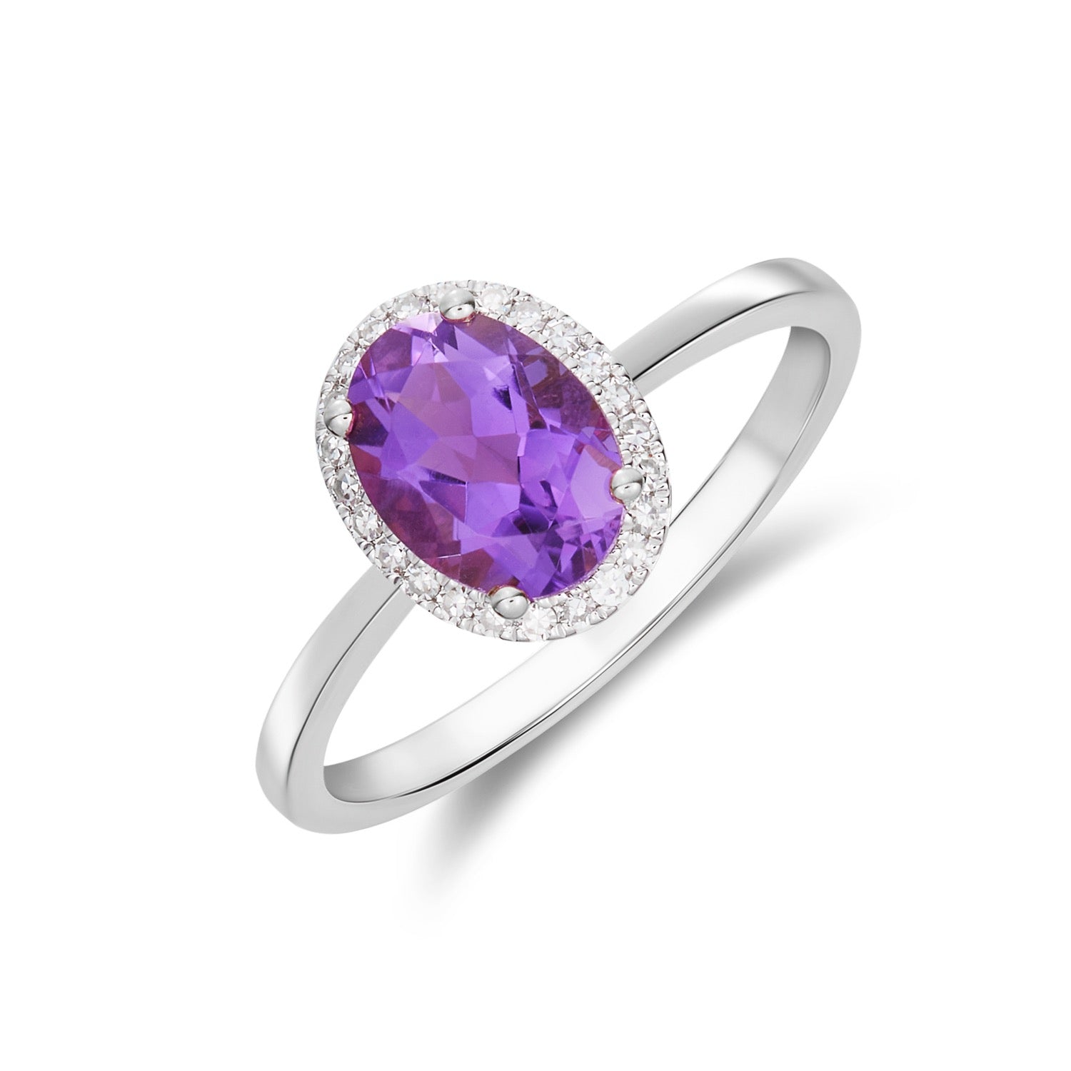 9ct White Gold 8x6 Oval Amethyst & Diamond Claw Set Cluster Ring