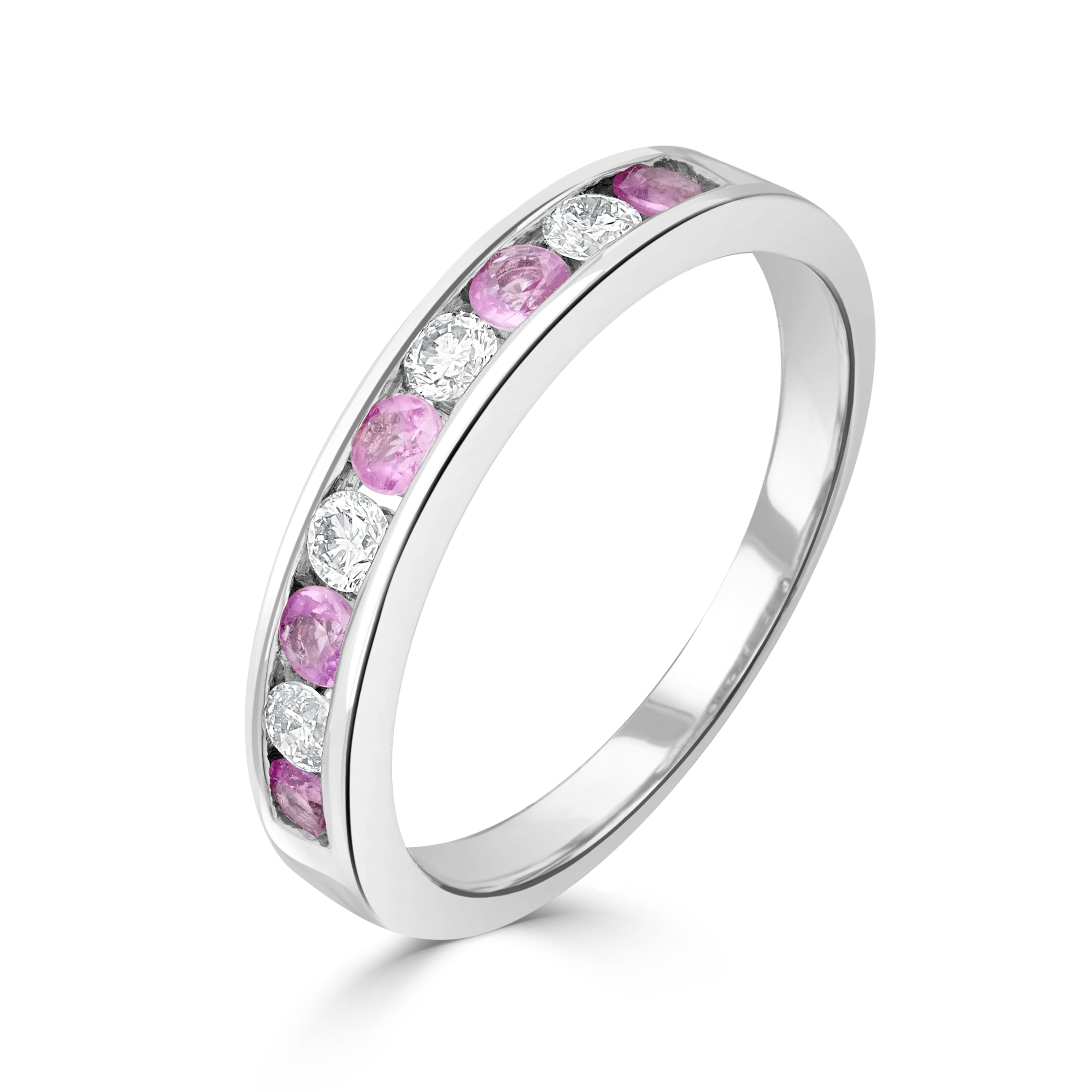 9ct White Gold Round Pink Sapphire & Round Diamond Channel Set 9 Stone Ring