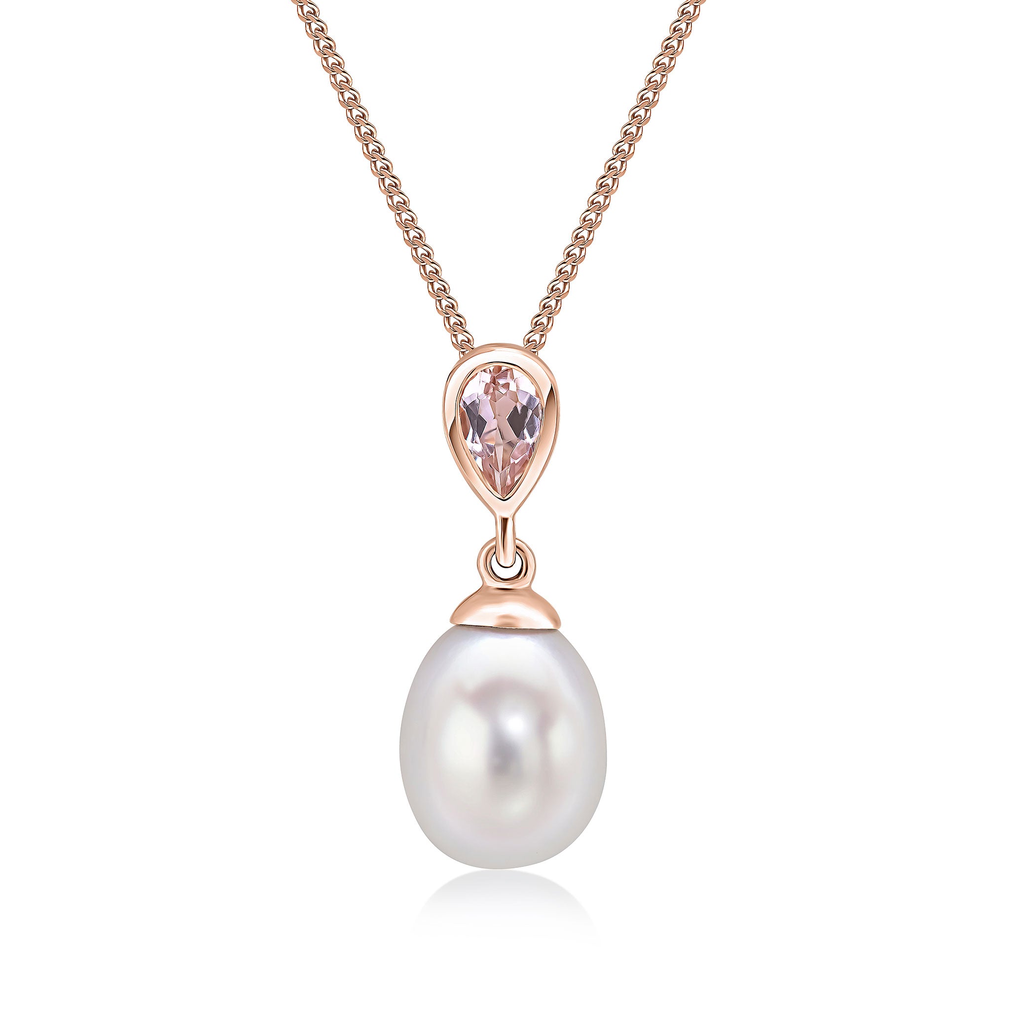 9ct rose gold cultured freshwater Pearl & Single Pearshape morganite Drop Pendant
