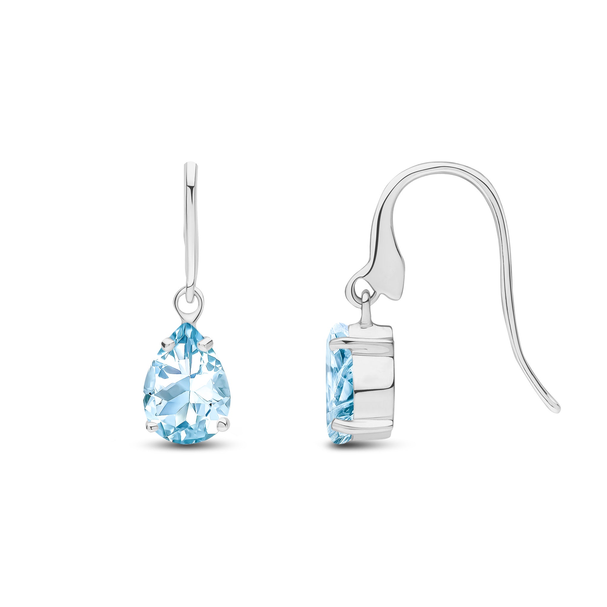 9ct White Gold 7x5mm Pear Shape Aquamarine Claw Set Wire Hook Drop Earrings
