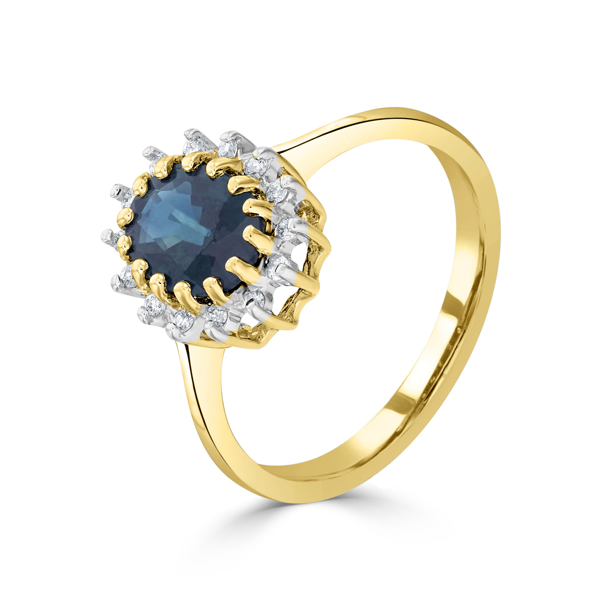 9ct Yellow Gold 8x6 Oval Sapphire & Diamond Claw Set Cluster Ring Rhodium to Diamonds