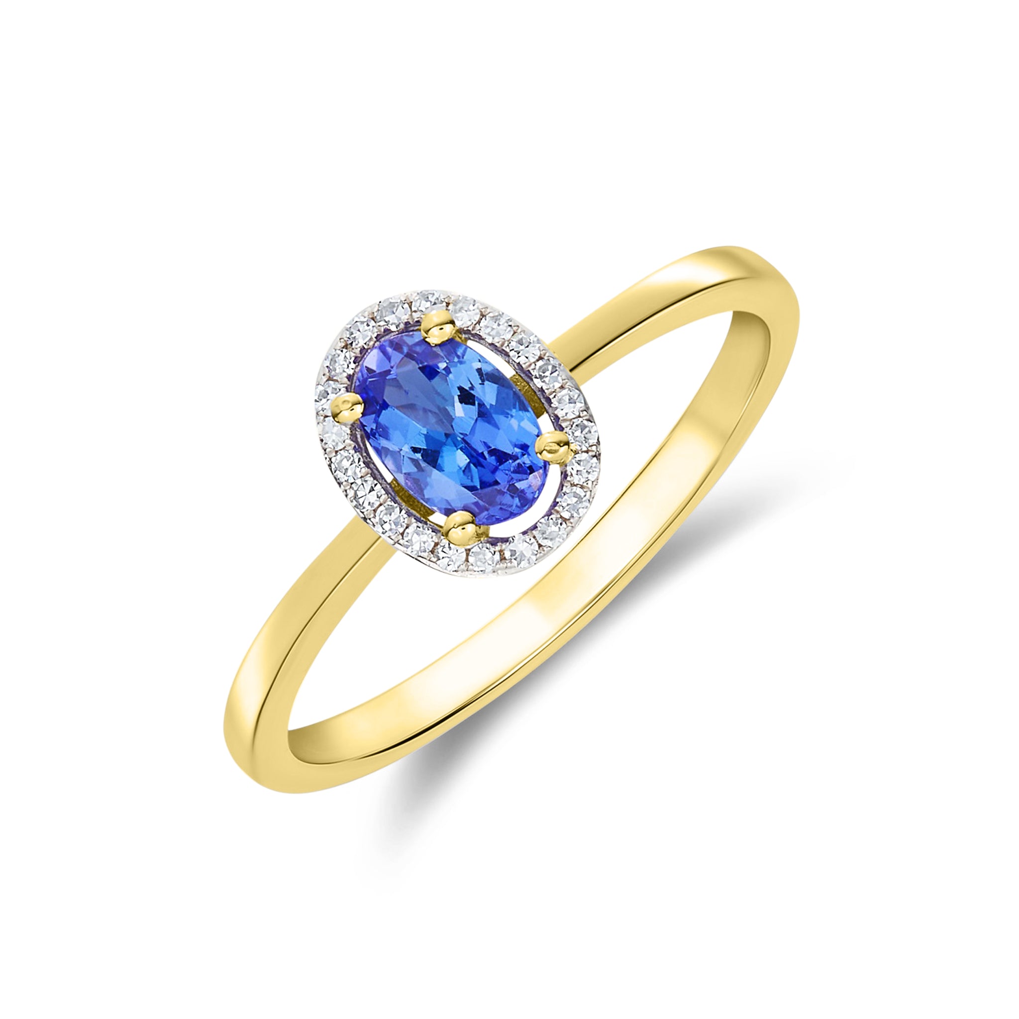9CT YG 6X4 OVAL TANZANITE AND ROUND DIAMOND HALO CLUSTER RING. RHODIUM TO DIAMONDS 1