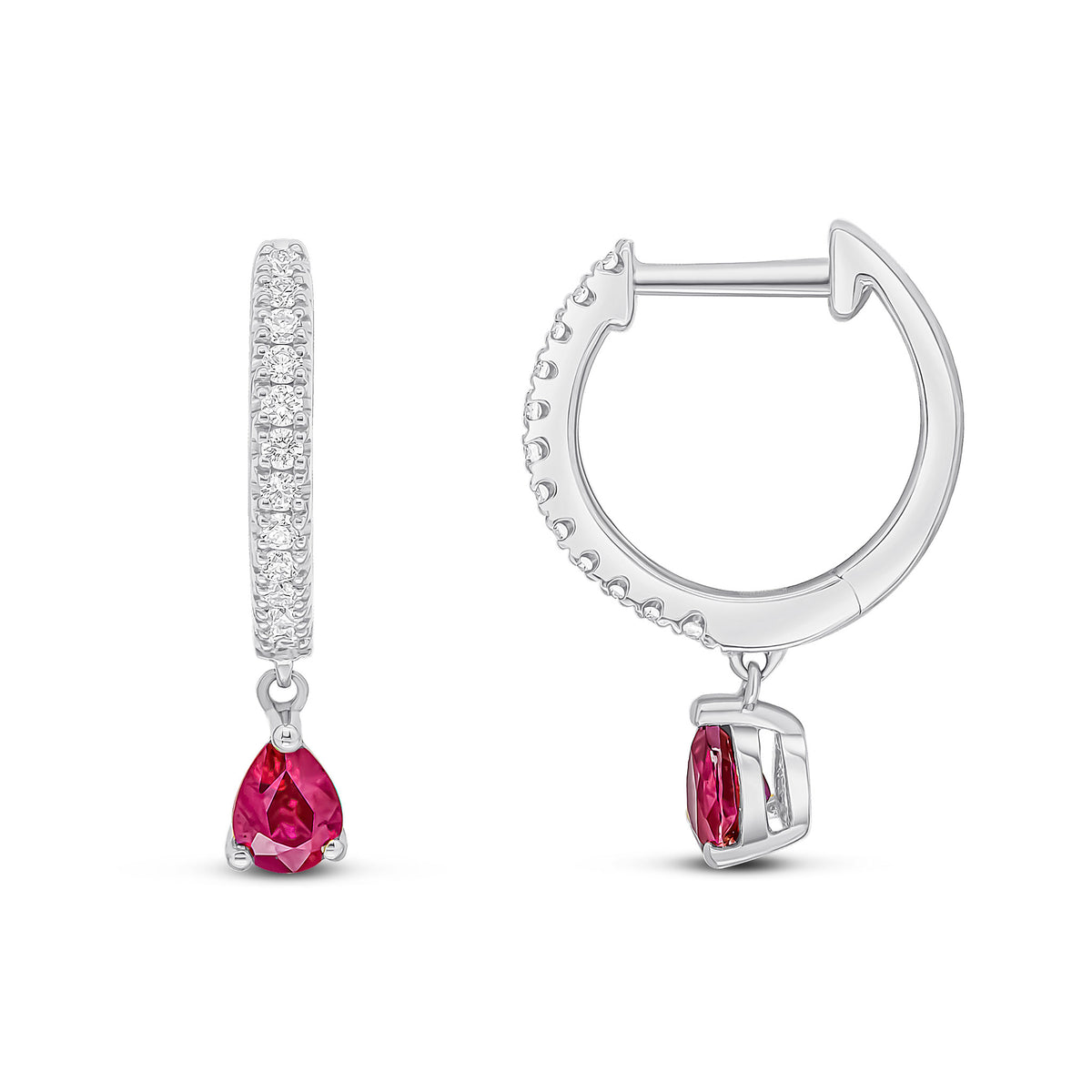 18ct White Gold Claw Set Diamond Hoop Earrings with Pear Shape Ruby Drop