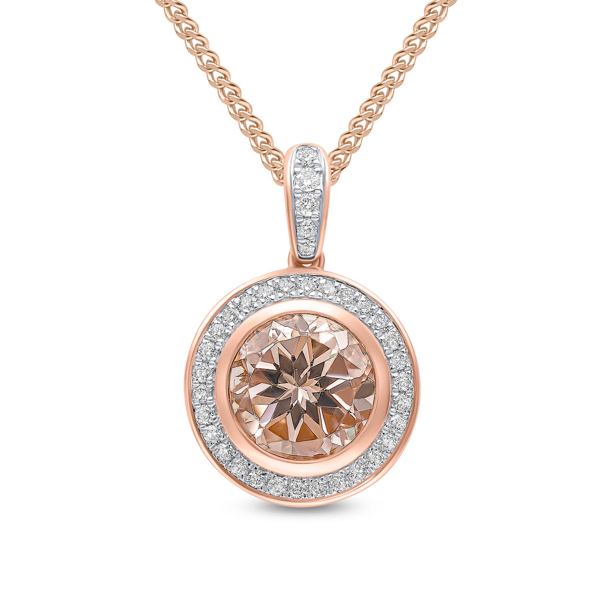 18ct Rose Gold Rubover 8mm Round Morganite & Grain Set Diamond Cluster Pendant with Diamond Set Loop