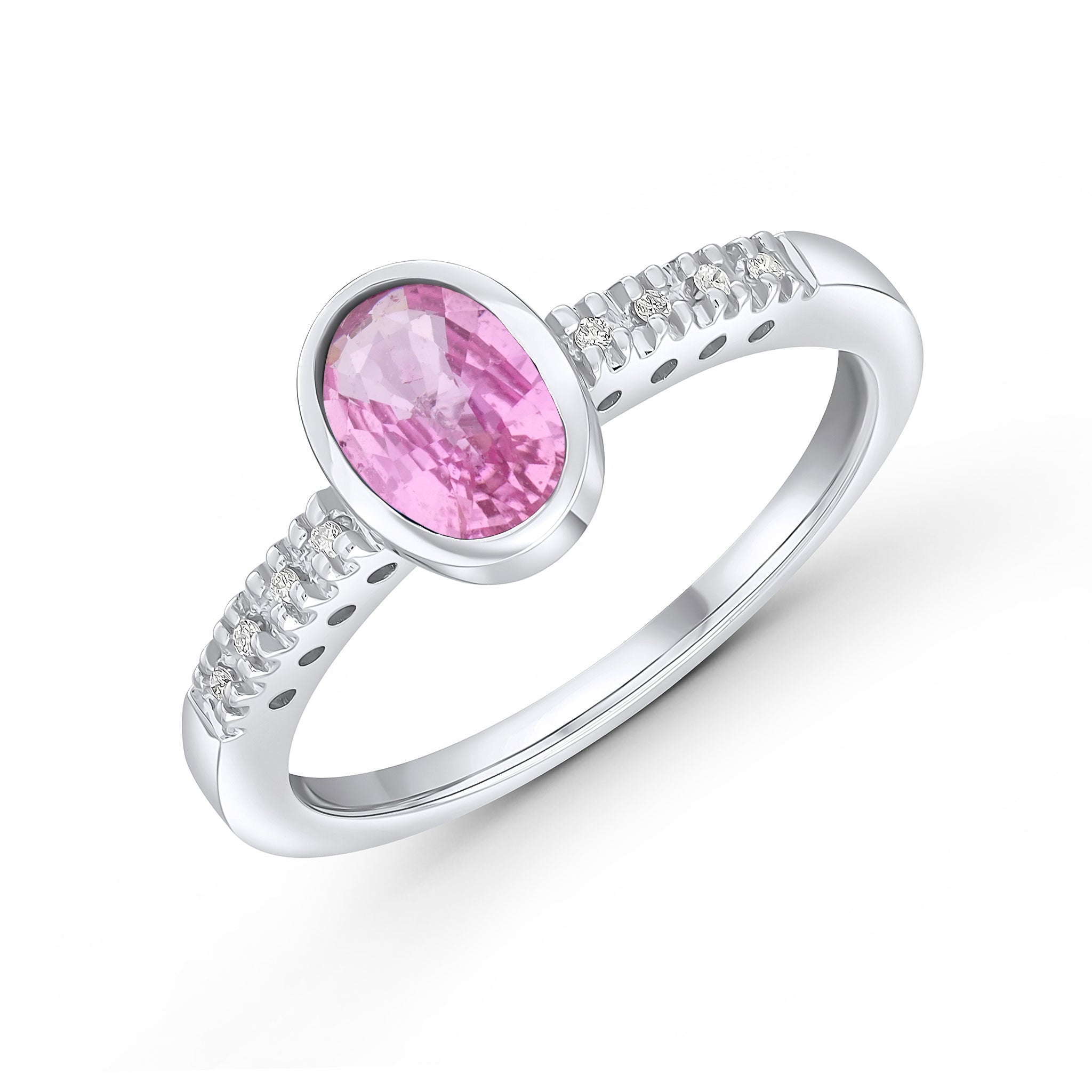 9ct White Gold Oval Pk Sap & Diamond S/S Rng Stone Shortage So Can't Order