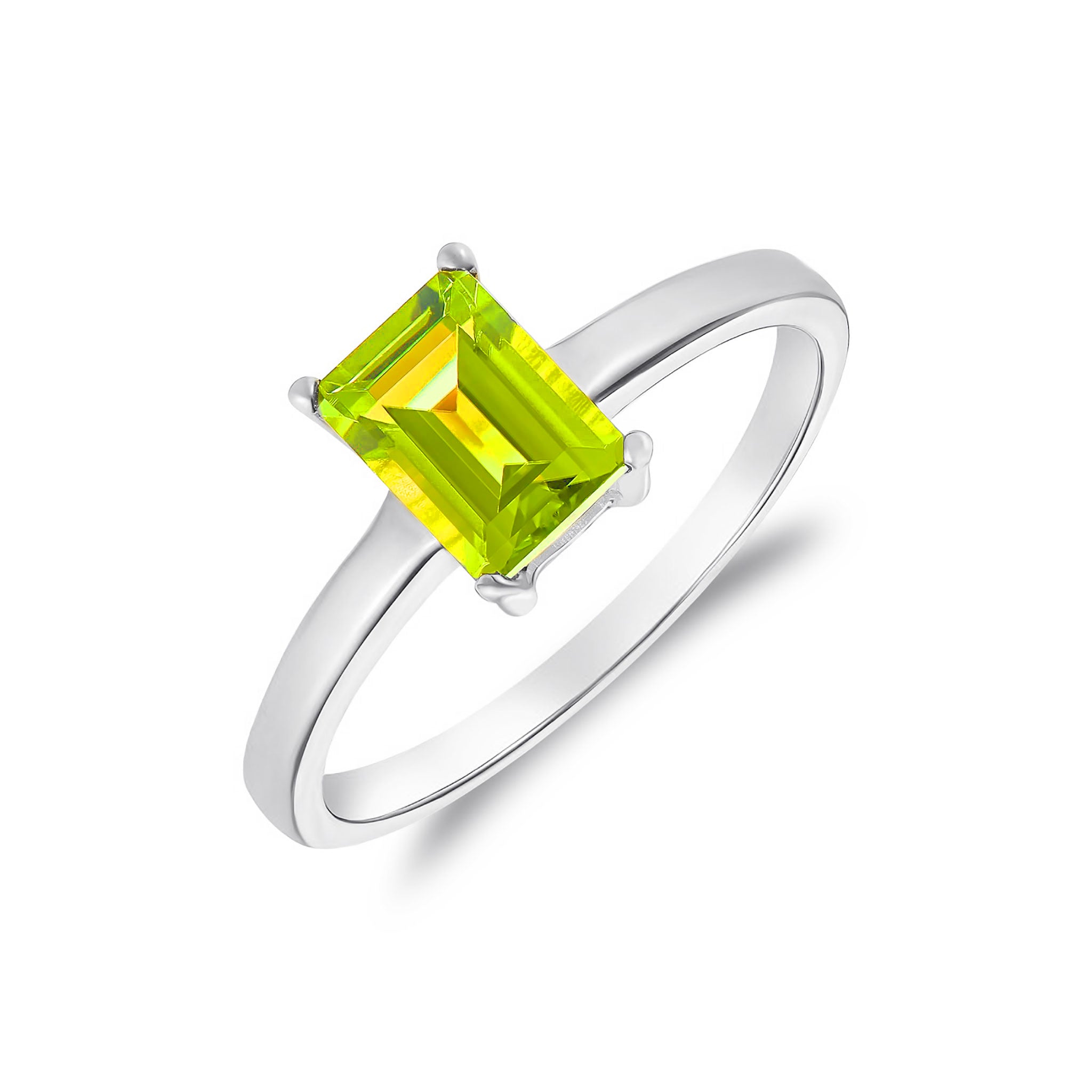 9ct White Gold 7x5mm Octagon Peridot Claw Set Single Stone Ring