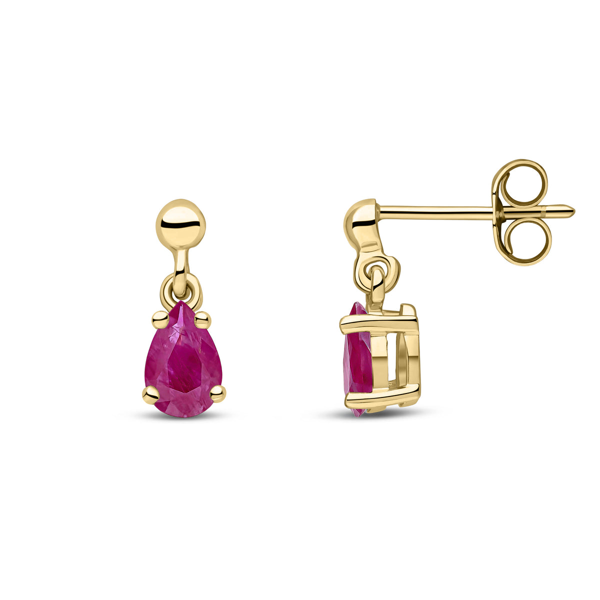 9ct Yellow Gold 6x4 Pear Shape Ruby Claw Set Drop Earrings with Bead Stud Top