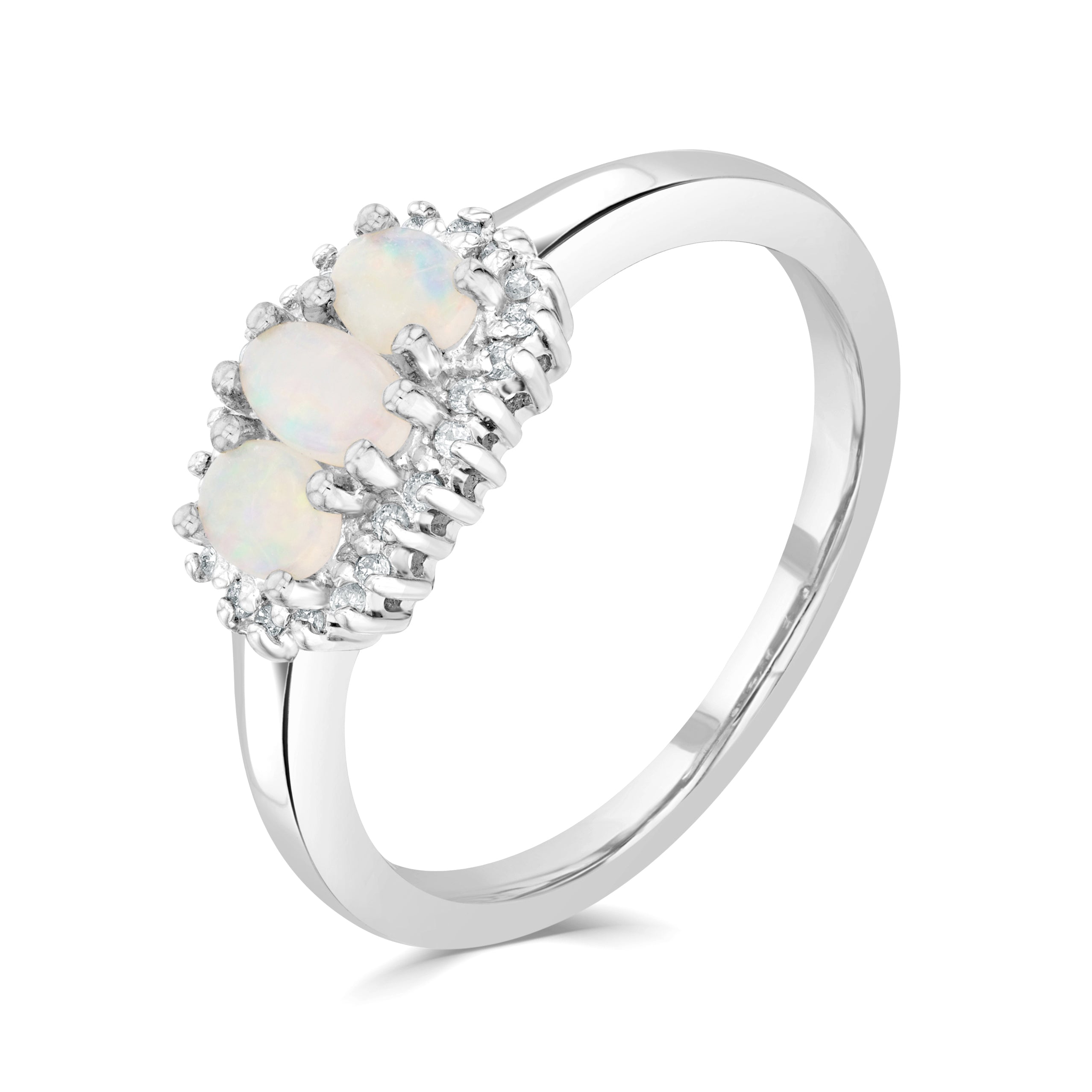 9ct White Gold Oval Opal and Diamond Triple Cluster Ring