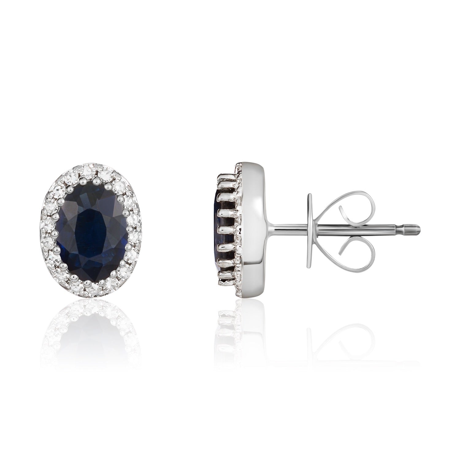 9ct White Gold Oval Sapphire and Diamond Claw Cluster Earrings
