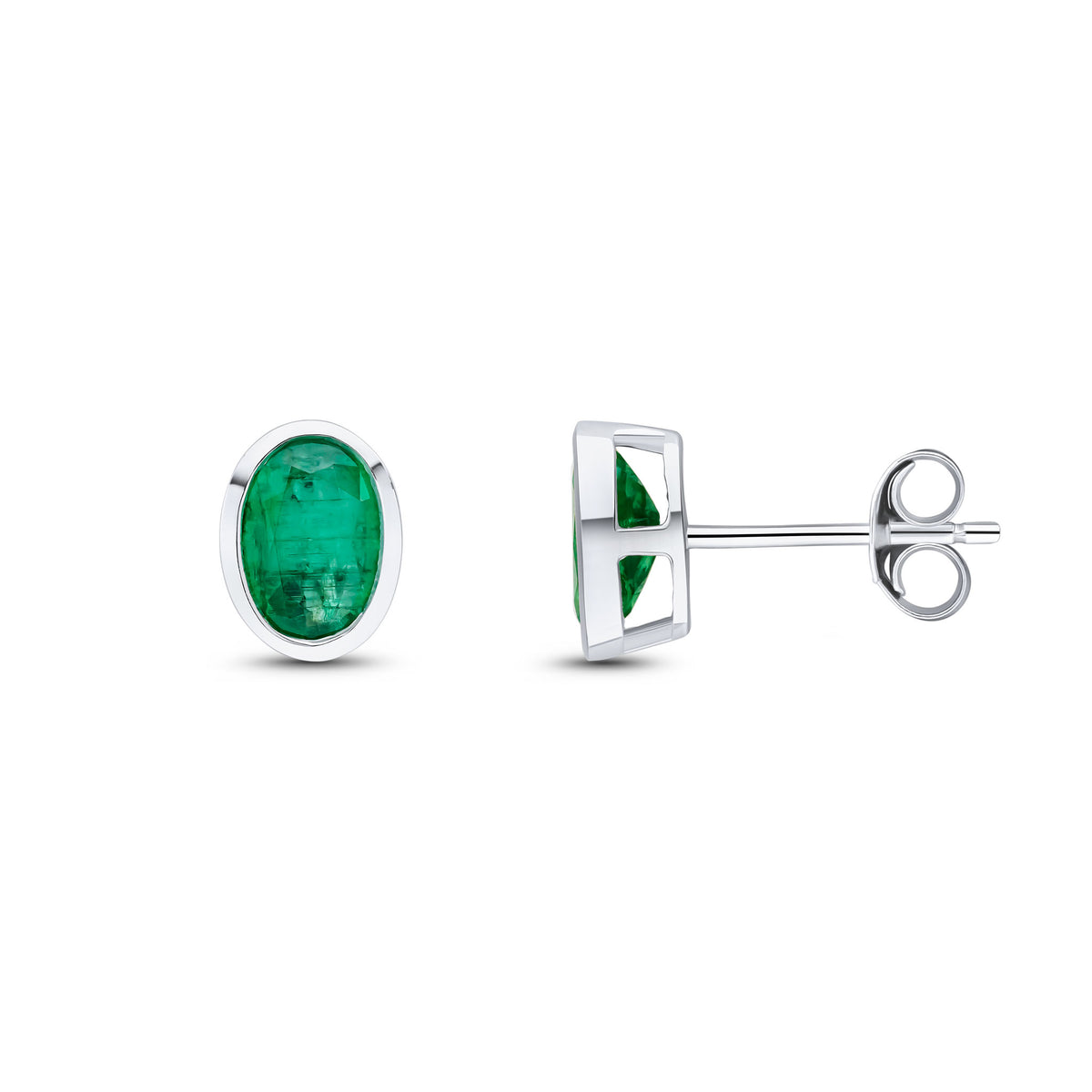 9ct White Gold 7x5 Oval Emerald Rubover Earstuds