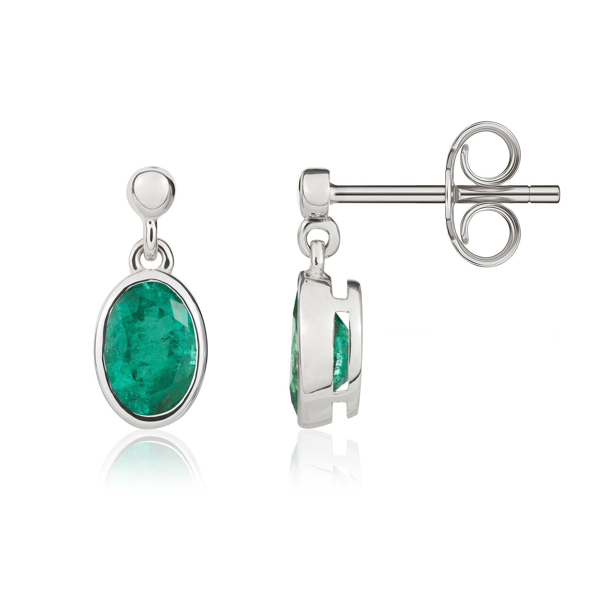 9ct white gold 6 x 4 mm oval Emerald rubover Drop Earrings With 2.5mm Bead Top