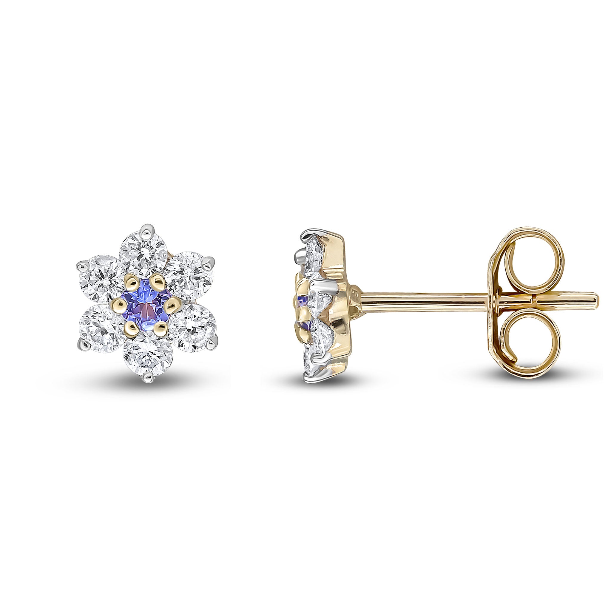 9ct Yellow Gold Round Tanzanite and Diamond Claw Cluster Earrings