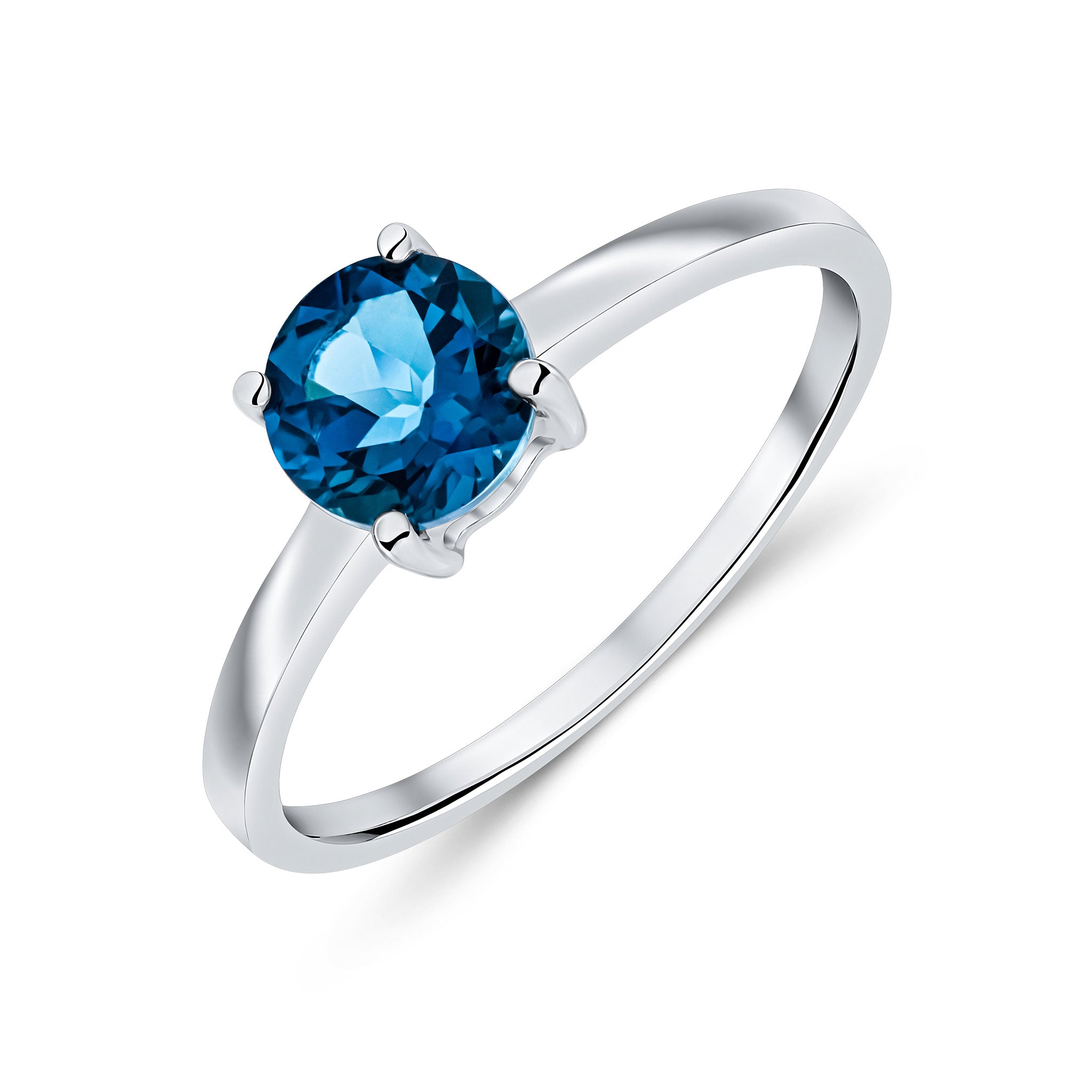 9ct White Gold 6mm Round London Blue Topaz Claw Set Single Stone Ring