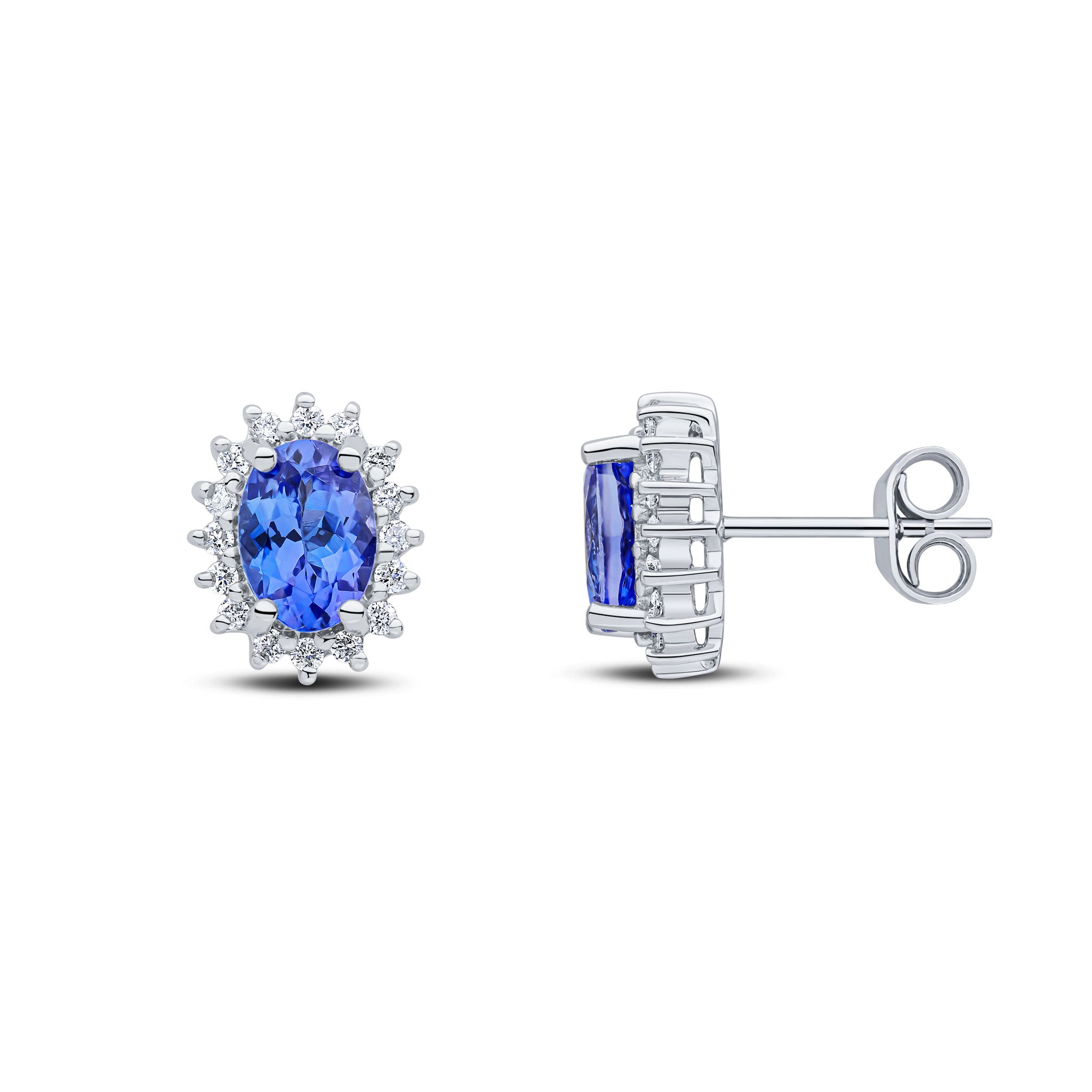9ct White Gold 7x5 Oval Tanzanite & Diamond Claw Set Cluster Earrings
