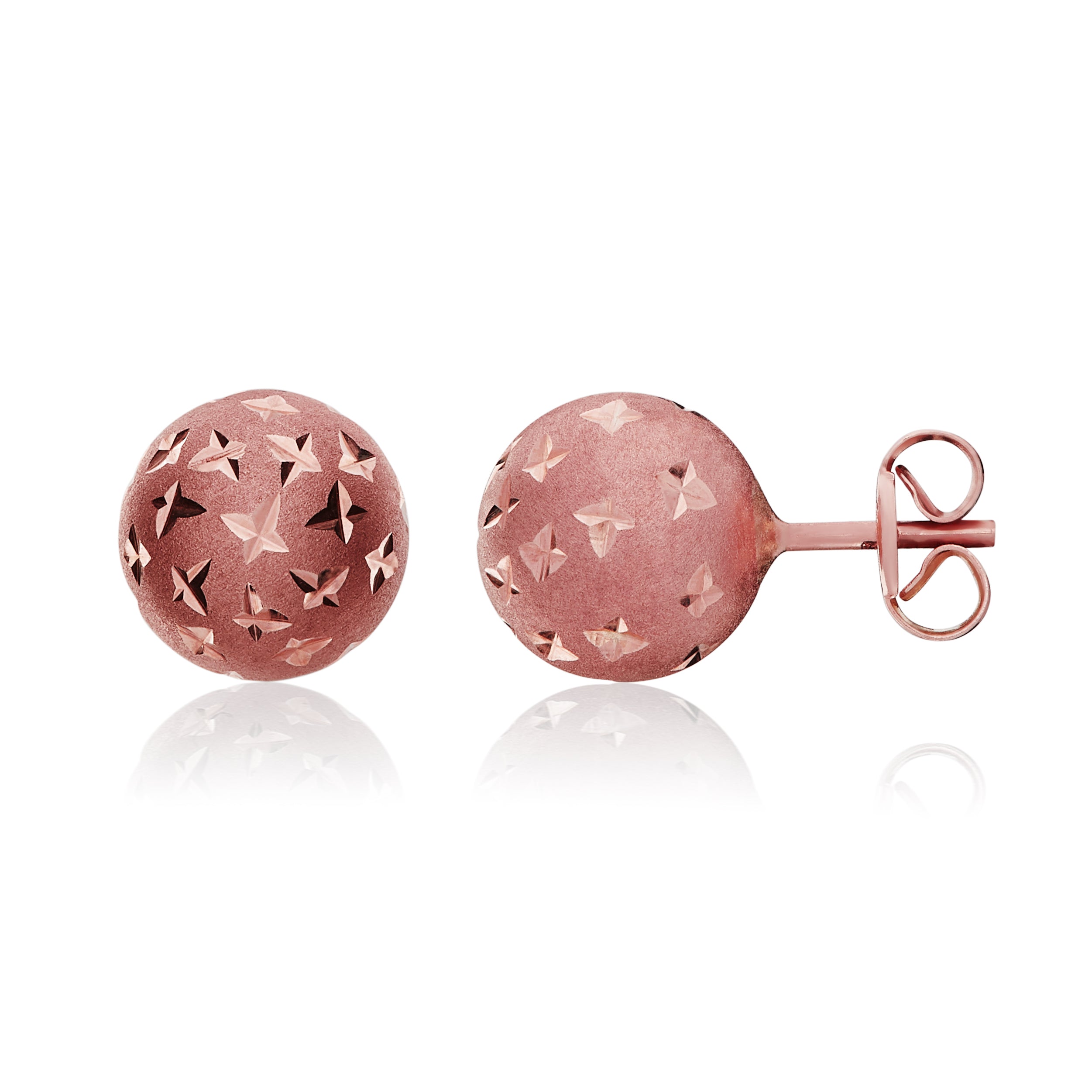 9ct Rose Gold Satin Finish 8mm Ball Stud With Diamond Cut Stars