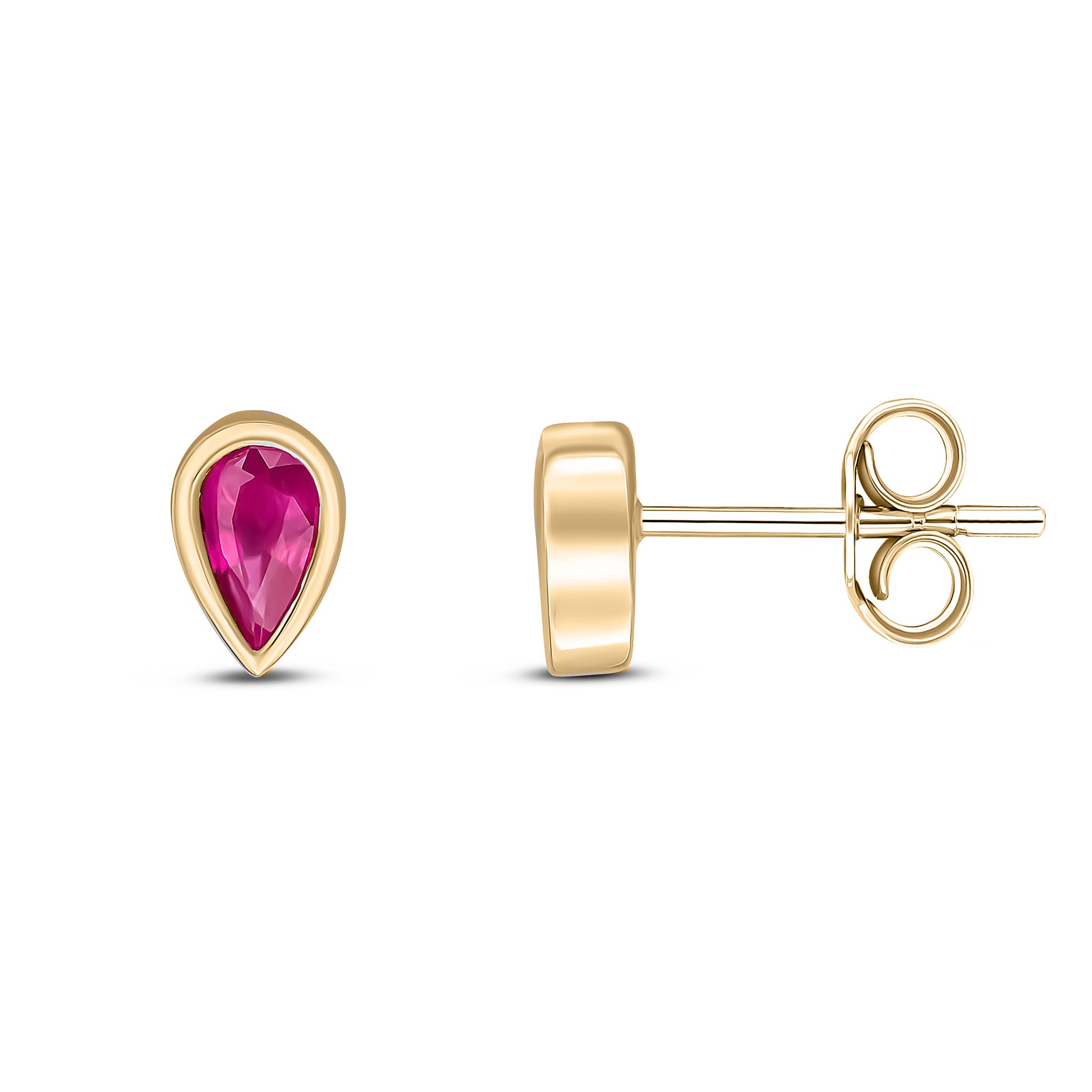 9ct Yellow Gold 5x3 Pear Shape Ruby Rubover Set Earrings