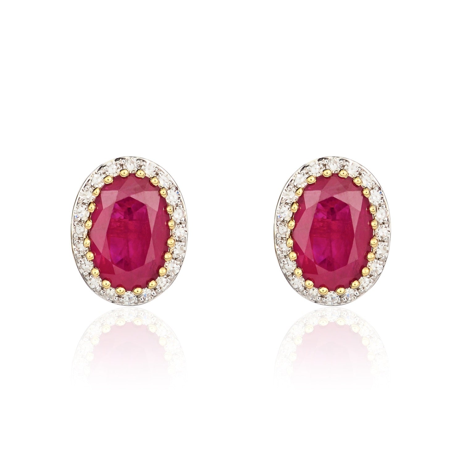 9ct Yellow Gold Oval Ruby and Round Diamond Claw Cluster Earrings