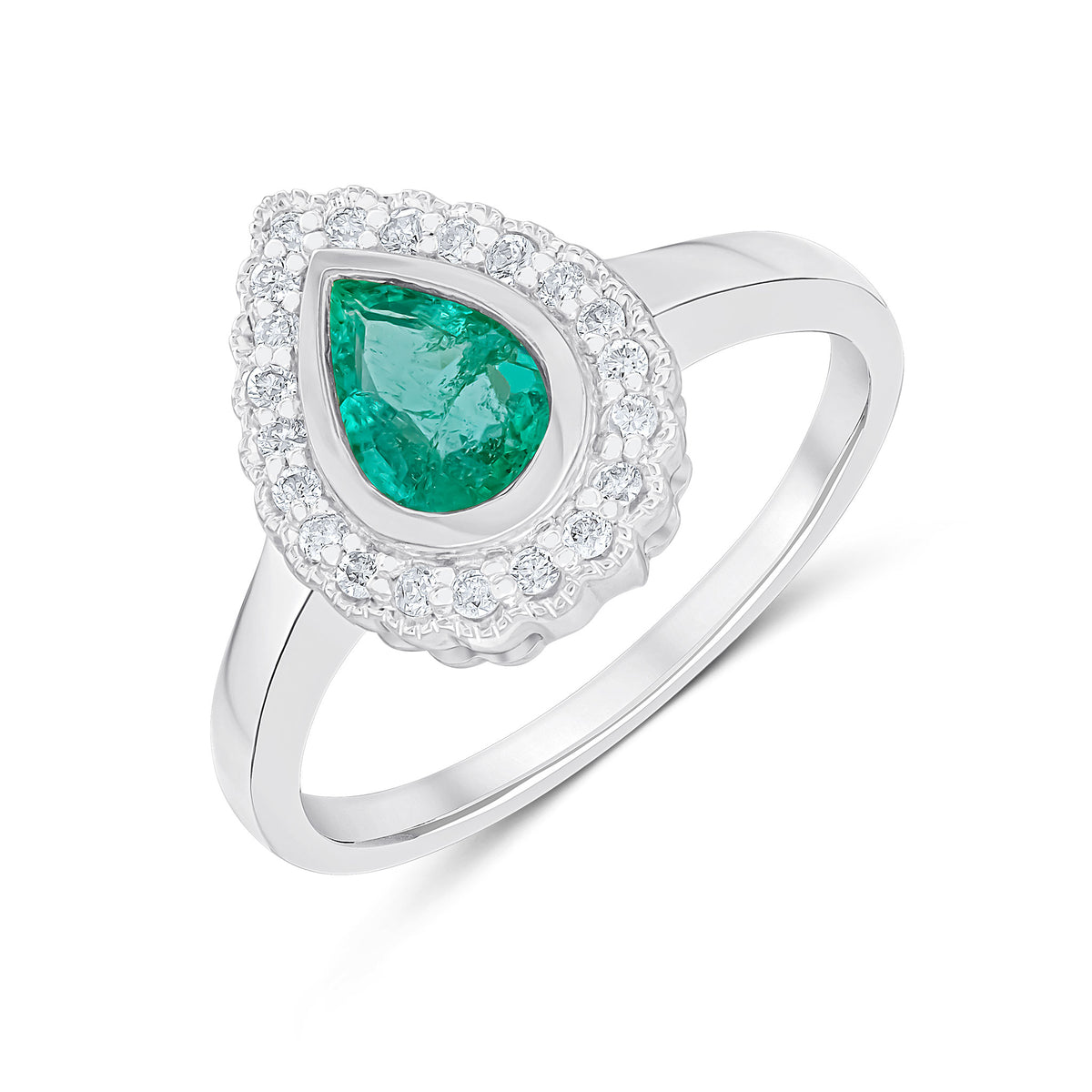 9ct White Gold Pear Shape Rubover Emerald and Milgrain Round Diamond Cluster Ring
