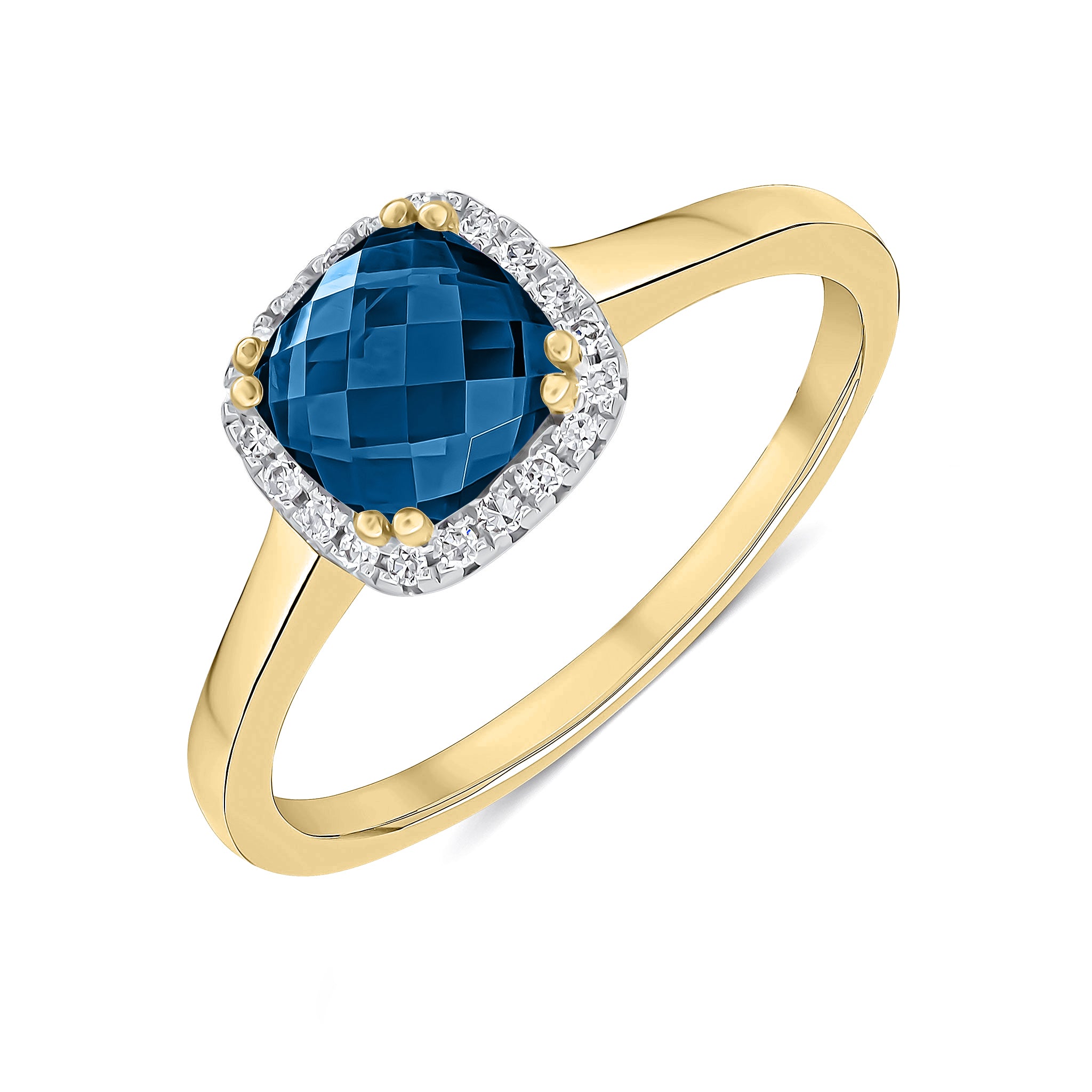9CT YG 6MM CHECKERBOARD CUT CUSHION LONDON BLUE TOPAZ AND ROUND DIAMOND CLAW SET CLUSTER RING. RHODIUM TO DIAMONDS 1