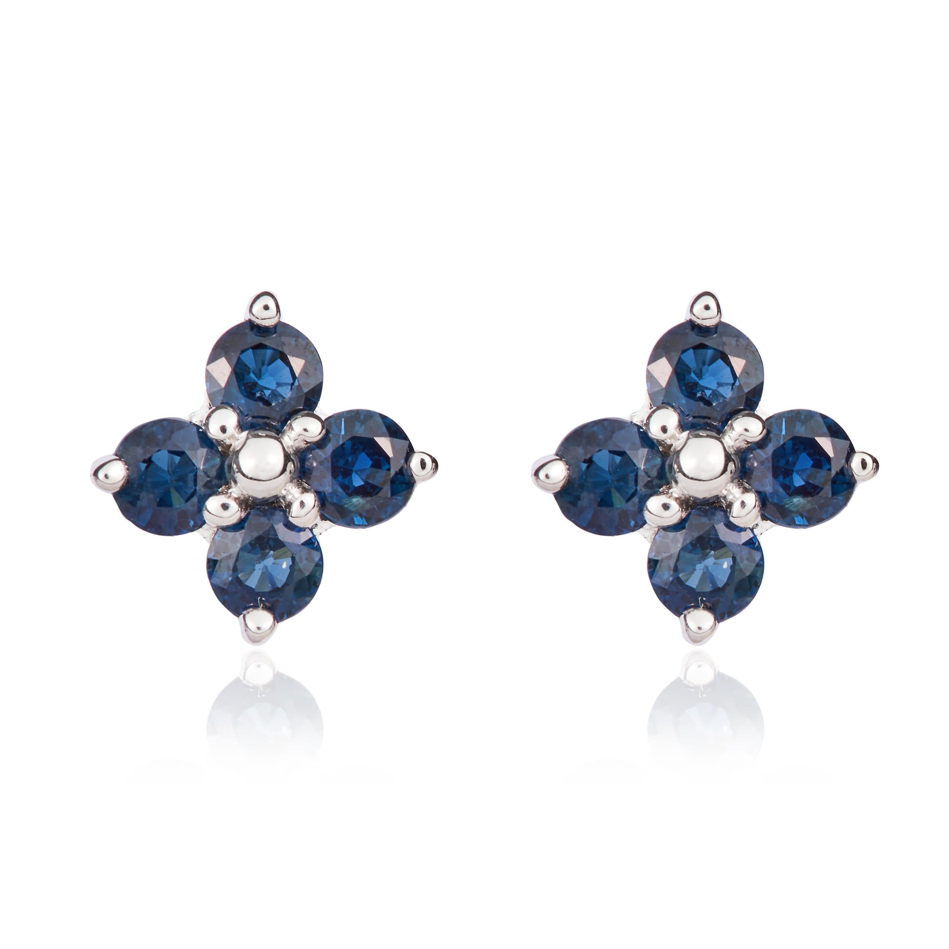 9ct White Gold Round Sapphire Quatrefoil Claw Earrings