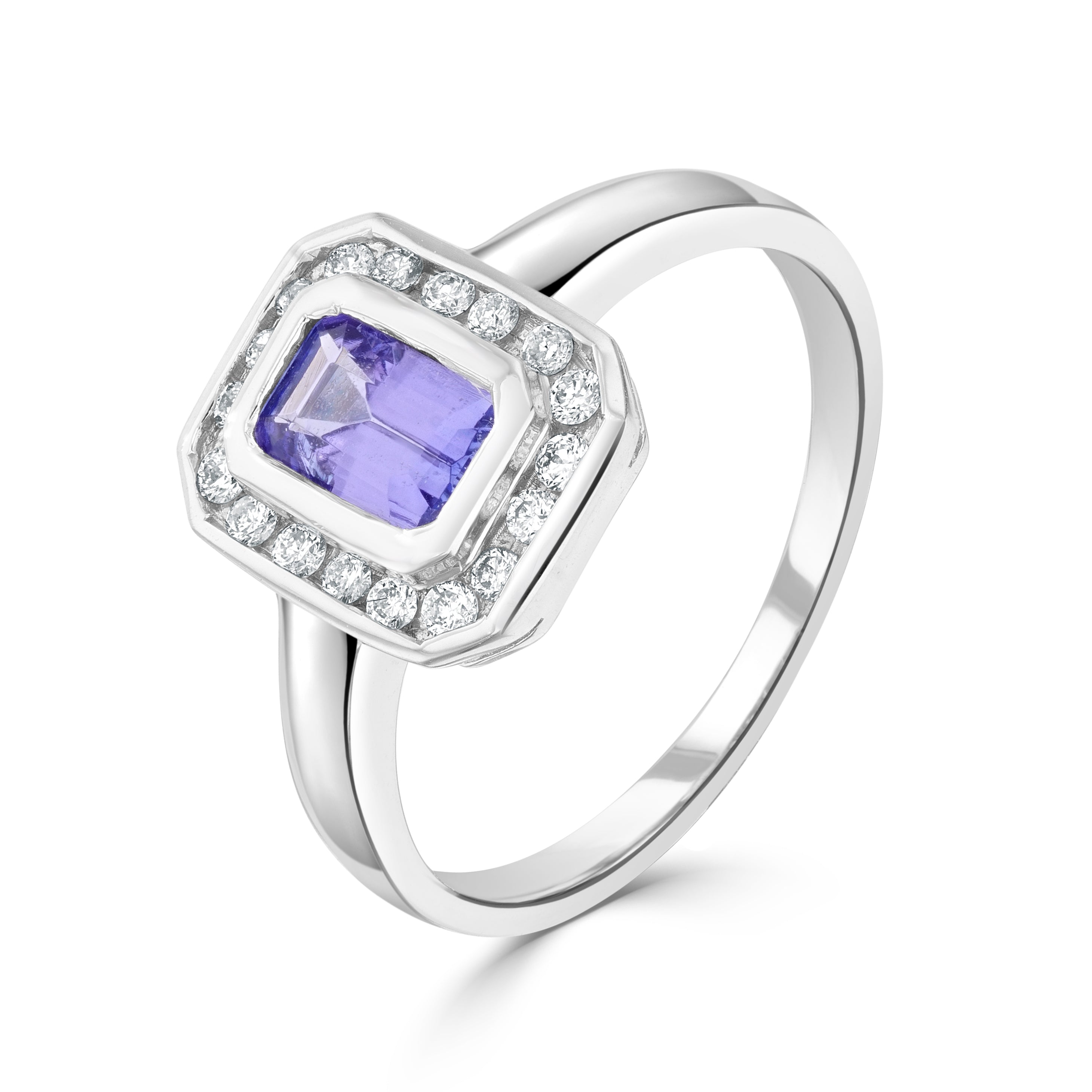 9ct White Gold Rubover 6x4 Octagon Tanzanite & Channel Set Diamond Cluster Ring