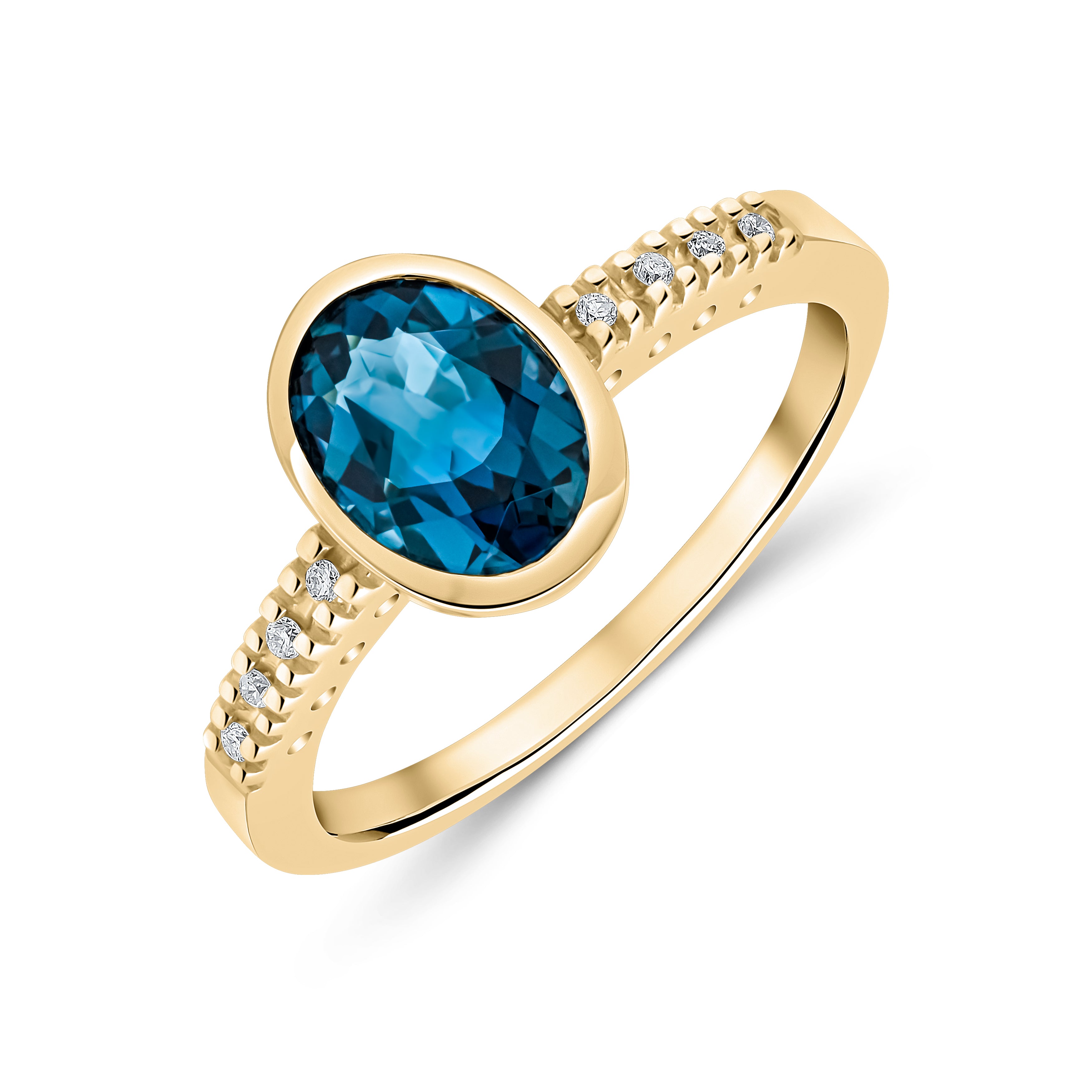 9ct Yellow Gold Rubover 8x6 Oval London Blue Topaz Single Stone Ring with Claw Set Diamond Shoulders Rhodium to Diamonds