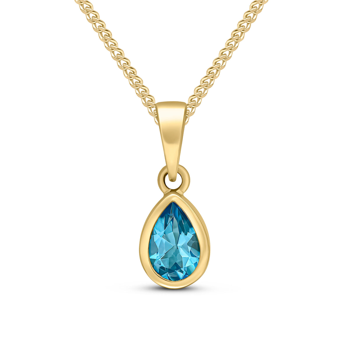9ct Yellow Gold 6x4 Pear Shape Swiss Blue Topaz Rubover Single Stone Pendant