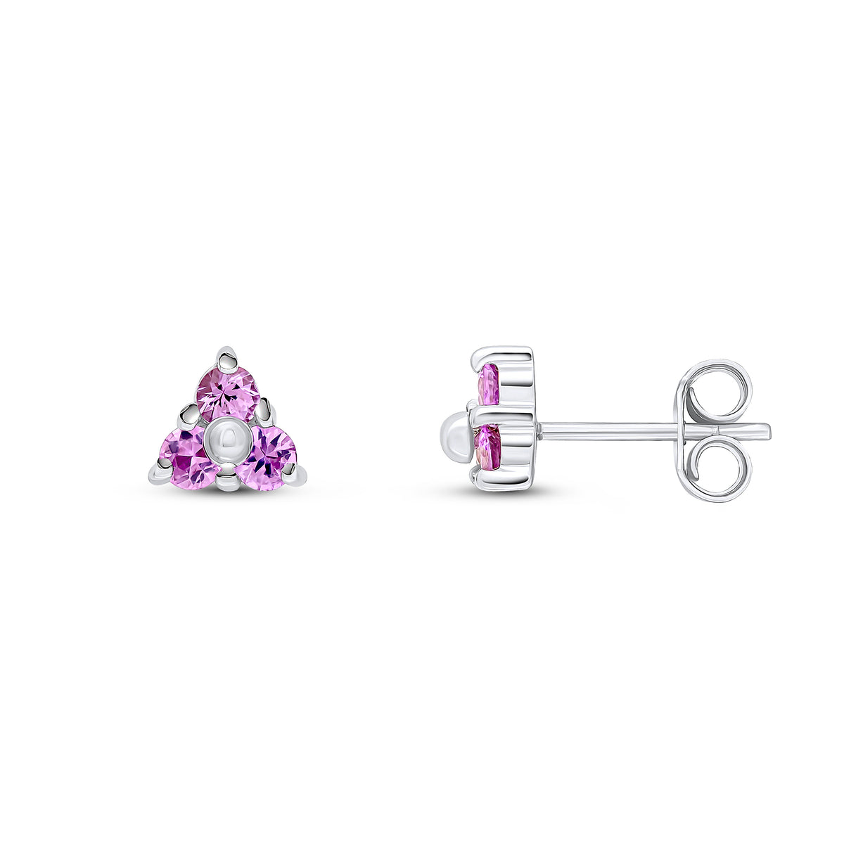 9ct White Gold Round Pink Sapphire Claw Set Trefoil Earrings