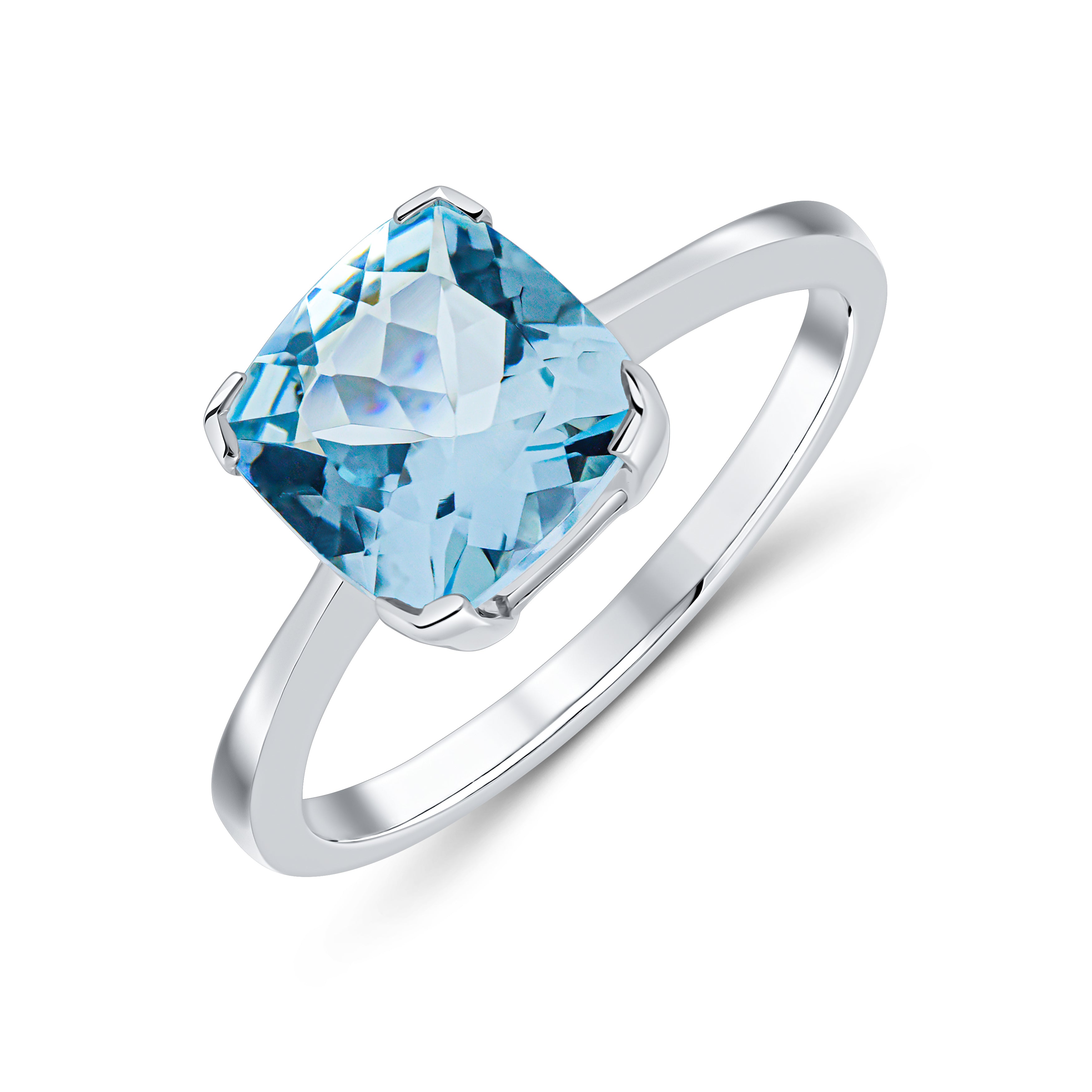 9ct White Gold 8mm Cushion Aquamarine Claw Set Single Stone Ring