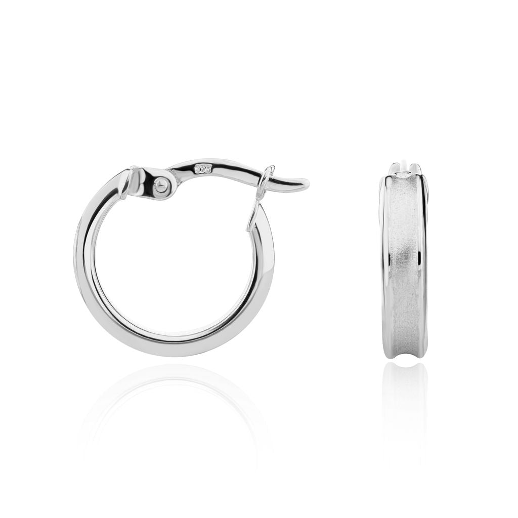 9ct White Gold Satin Concave Hoop Earrings with Polished Edges