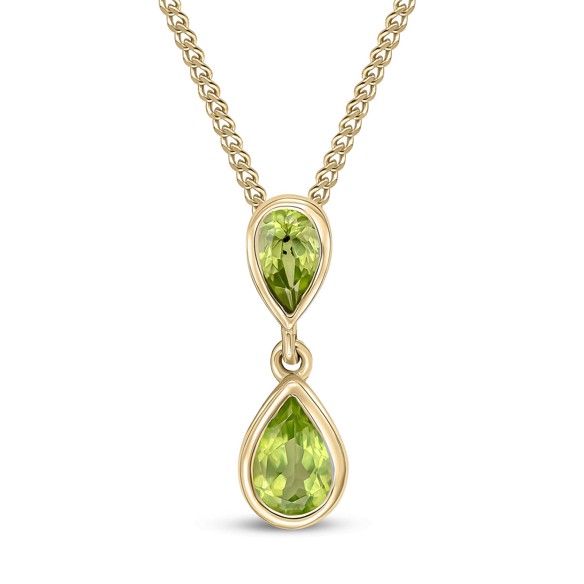 9ct Yellow Gold Pear Shape Peridot 2 Stone Rubover Drop Pendant