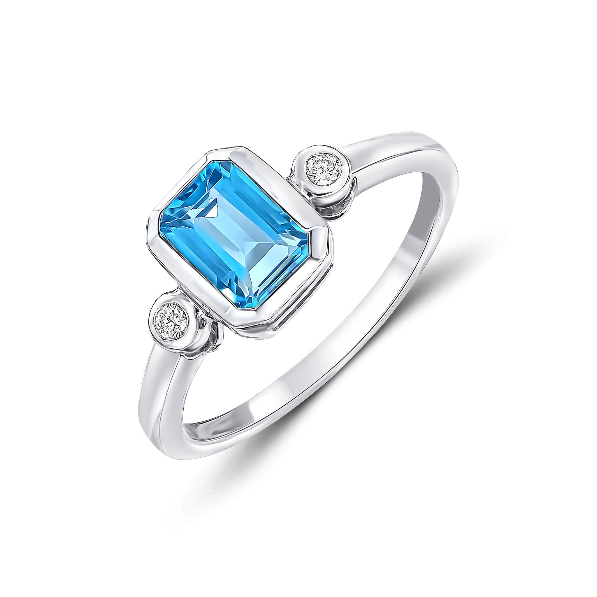 9CT WG 7X5 OCTAGON SWISS BLUE TOPAZ AND ROUND DIAMOND 3ST RUBOVER RING 1