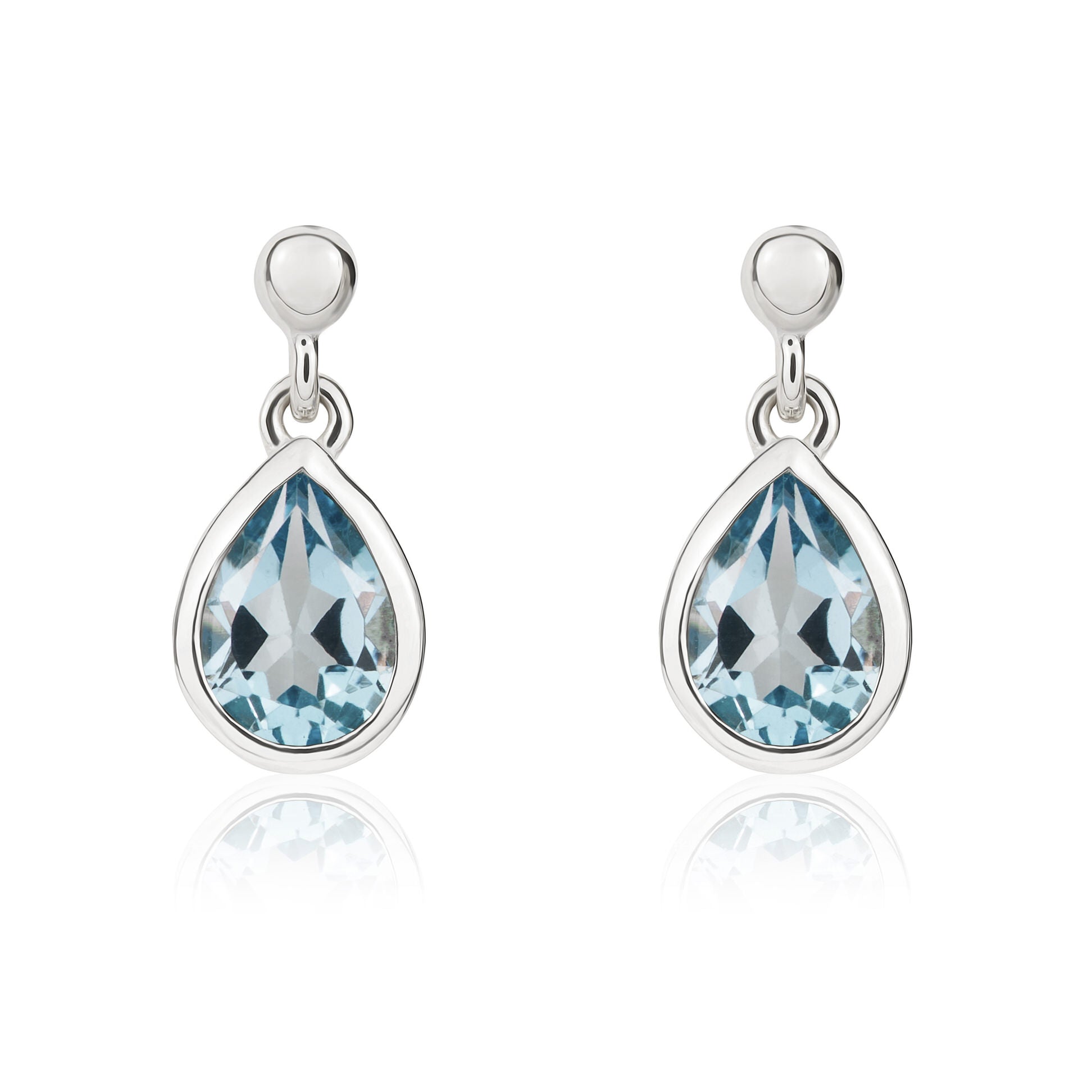 9ct White Gold 6x4mm Pear Shape Swiss Blue Topaz Rubover Drop Earrings with 2.5mm Bead Top