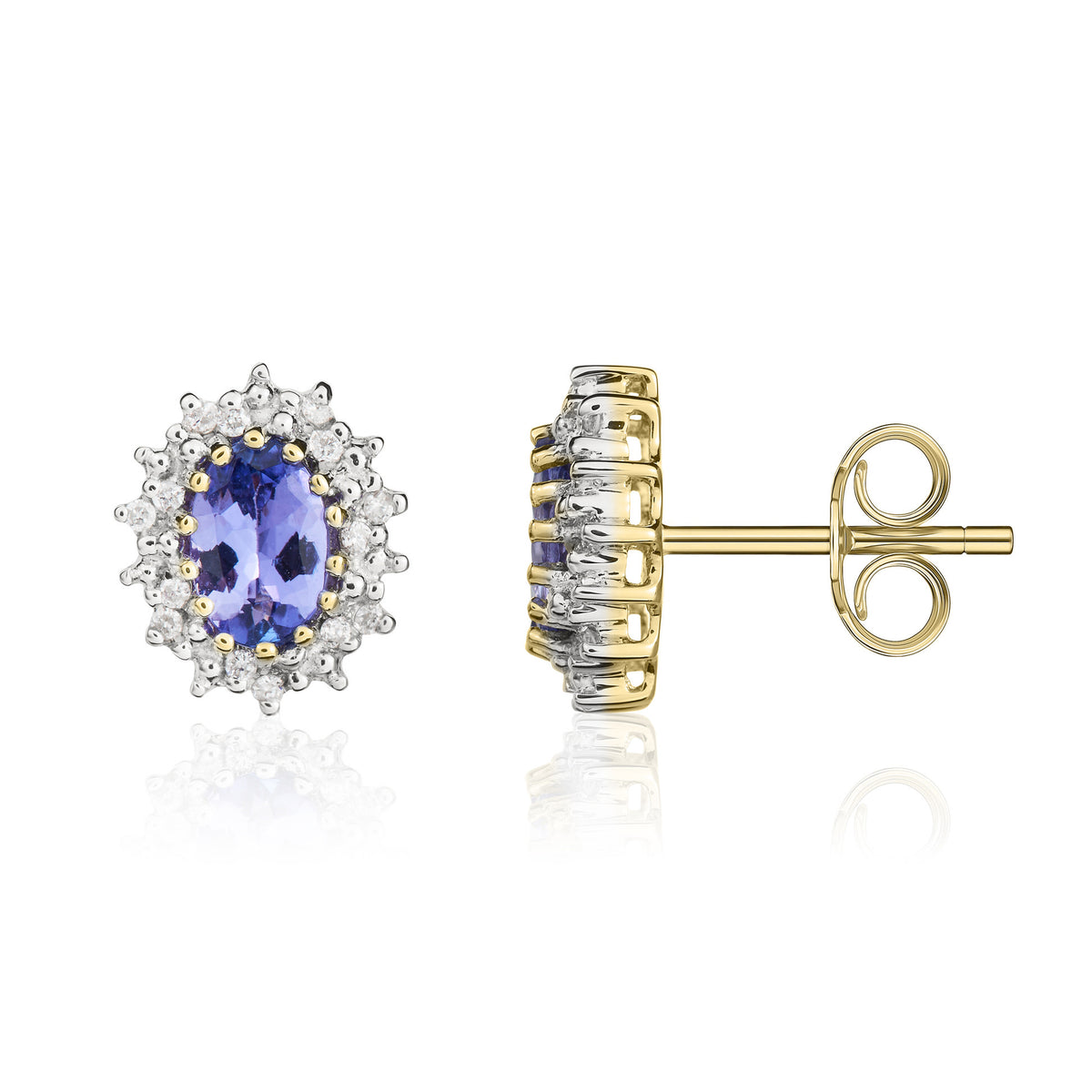 9ct Yellow Gold Oval Tanzanite & Diamond Cluster Earrings