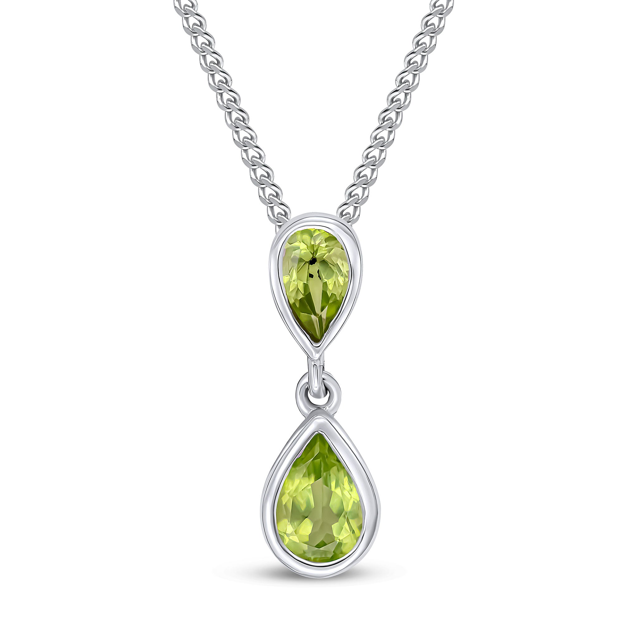9ct White Gold Pear Shape Peridot 2 Stone Rubover Drop Pendant