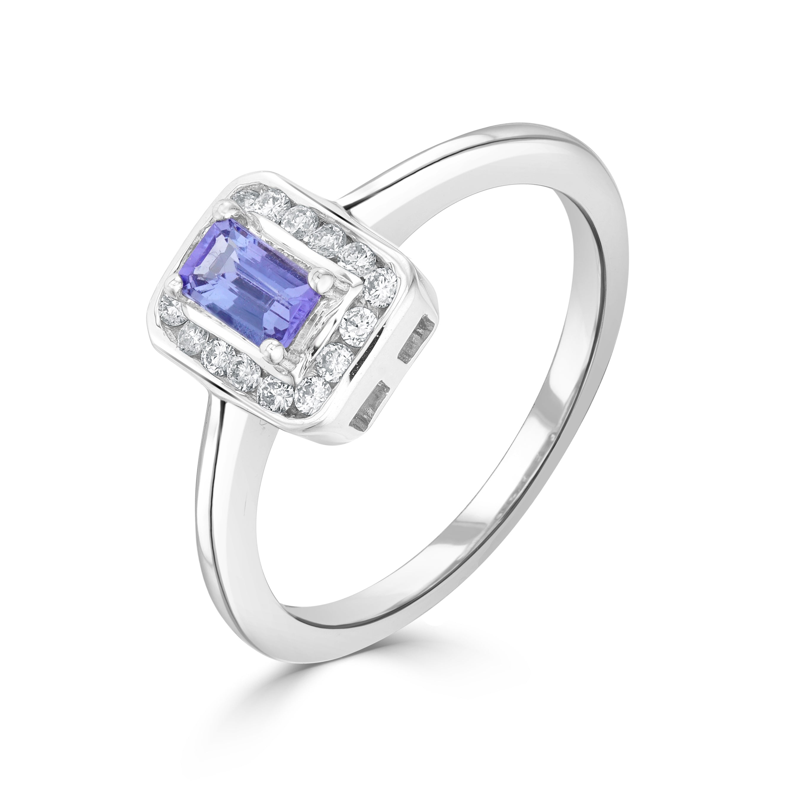9ct White Gold Claw Set 5x3 Octagon Tanzanite and Channel Set Round Diamond Cluster Ring